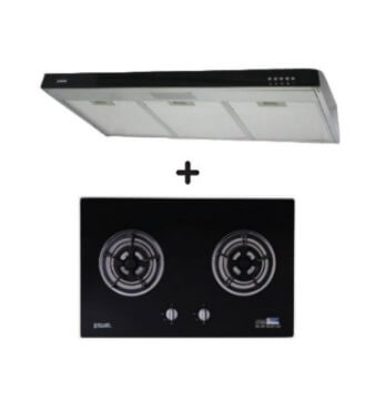 Ellane 60cm/90cm Slimline Hood with Black Panel EH 9280 & WG 2SV 80cm 2 Burner Glass Gas Cooker - Modern Kitchen Range Hood and Gas Stove Combo for Home Cooking and Ventilation