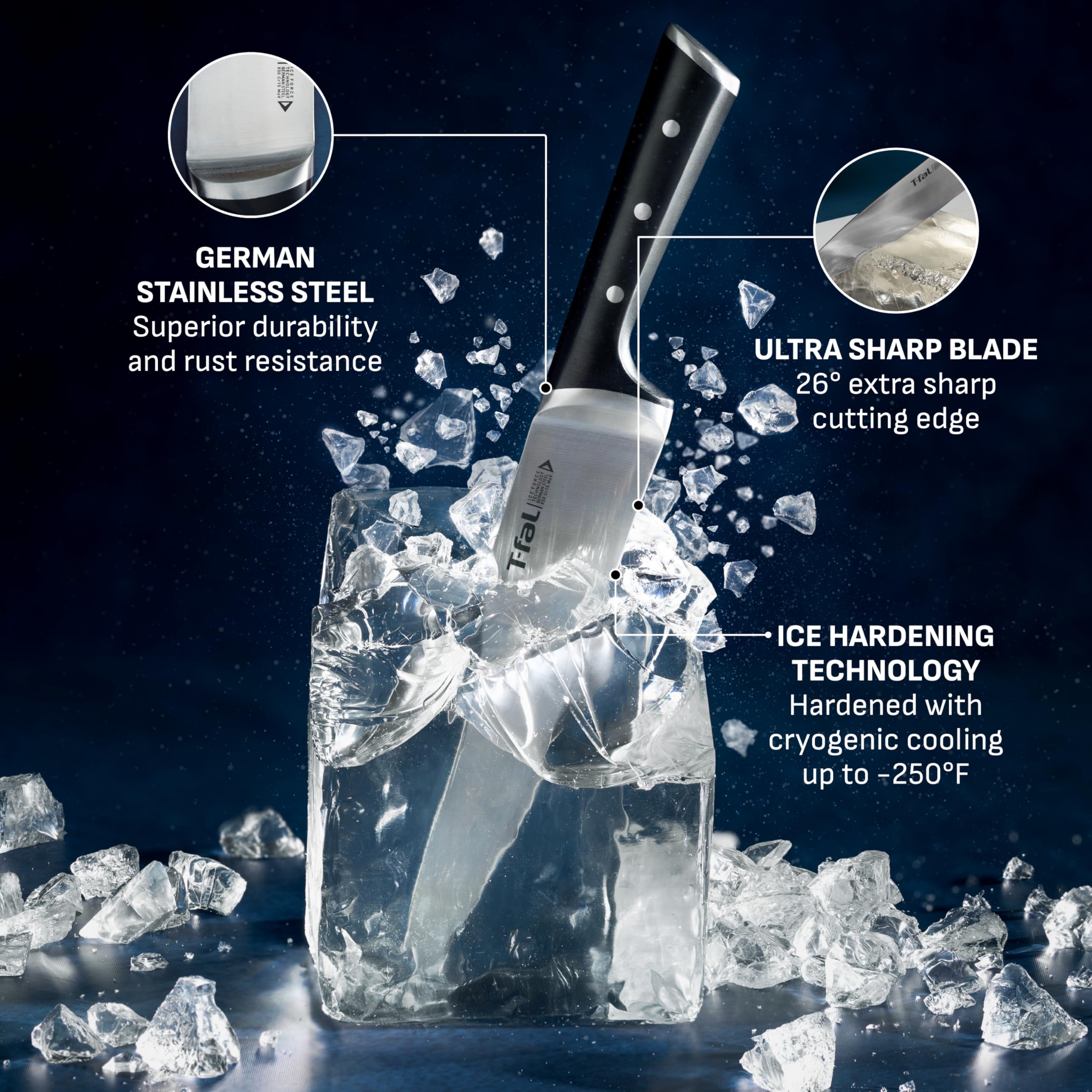 T-fal Ice Force German Stainless Steel 8-Piece Knife Set with Wood Block - Ultra Sharp Blades, High Precision Cutting, Durable Kitchen Knives for Professional Chefs & Home Cooking - Perfect for Chopping, Slicing, Dicing Meat, Vegetables & Fruits