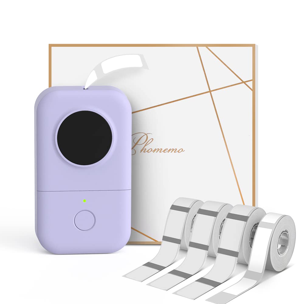D30 Purple Bluetooth Label Maker Machine with 4 Tapes - Black on Clear, White Tape, Mini Portable Label Printer for Home & Office, Smart Phone Compatible Handheld Sticker Labeler, Rechargeable & BPA-Free - Perfect for Organizing Pantry, Office Files & School Supplies