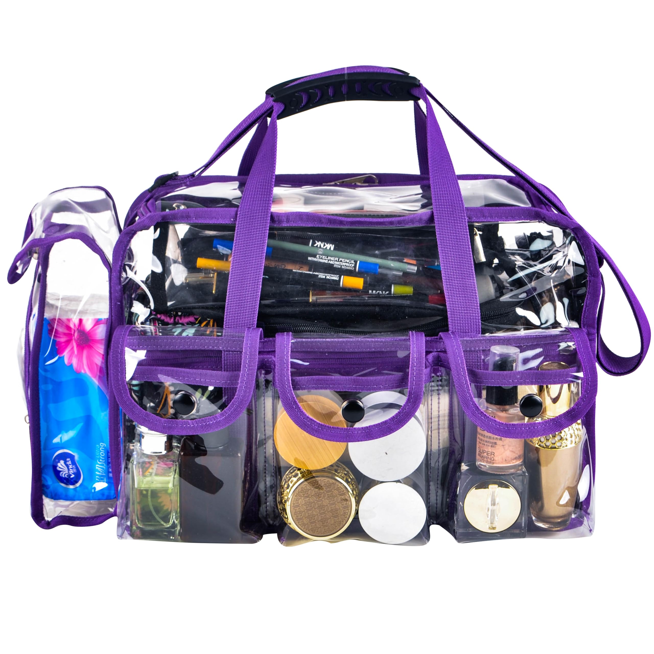 Professional Clear PVC Travel Makeup Organizer Bag - Large Wide Mouth Cosmetic & Nail Artist Case with 6 External Pockets, Adjustable Strap - Perfect for Travel, Salon, Beach & Diaper Storage (Purple)