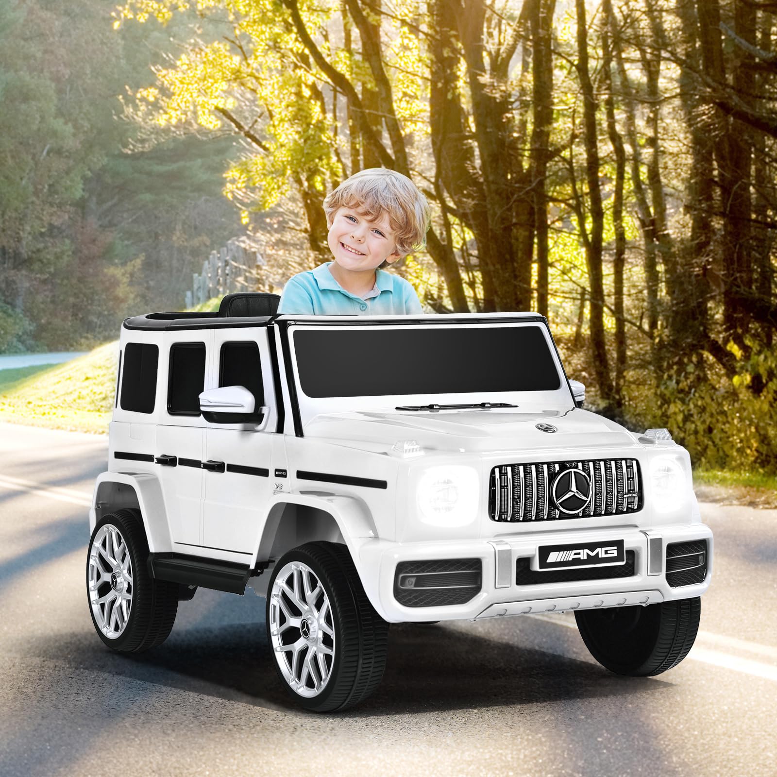 **OLAKIDS 12V Kids Ride On Car - Licensed Mercedes Benz G63 Electric Vehicle with Remote Control, Double Open Doors, Music, Bluetooth, 2 Speeds & Wheels Suspension - Battery Powered Driving Toy for Boys & Girls (White) - Perfect for Indoor & Outdoor Play, Birthday Gifts & Family Fun**