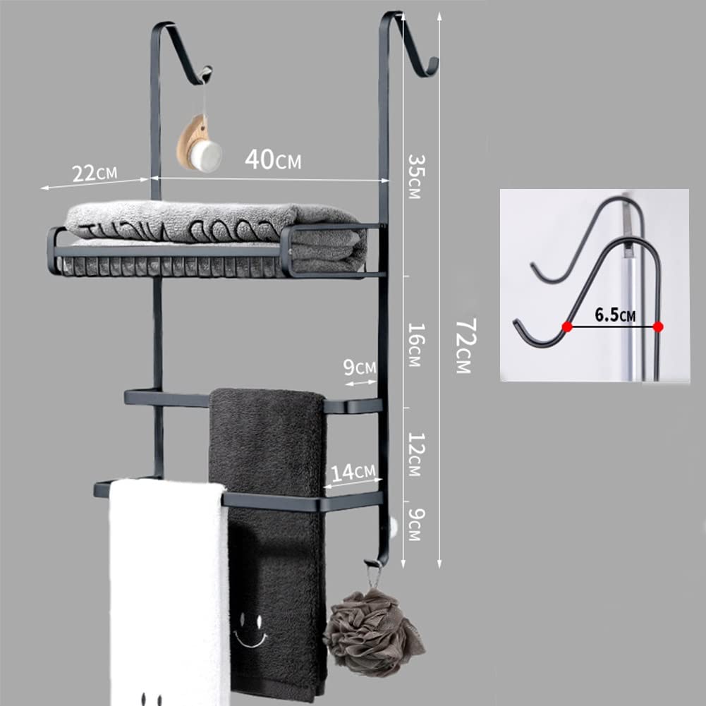 Over The Door Hanging Storage Organizer - Heavy Duty Spice Rack Shelf with Hooks & Towel Bar for Bathroom & Kitchen - Space Saving Solution for Small Homes (Black, 2 Bars, 40cm) - Perfect for Organizing Spices, Towels, and Toiletries in Compact Spaces