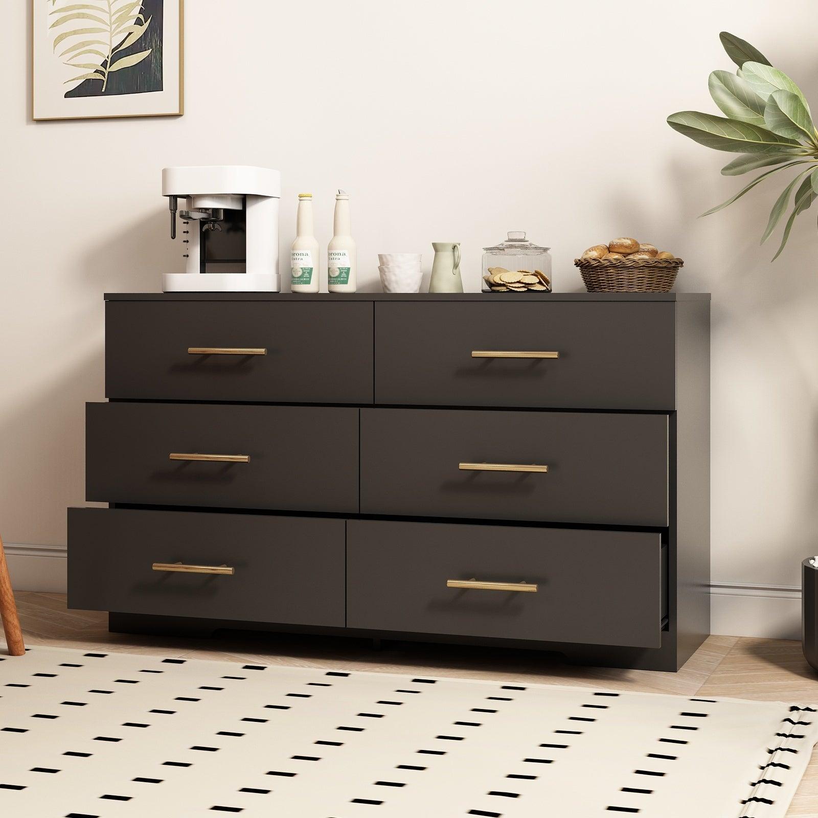Black 6-Drawer Dresser with Golden Handles - Large Chest of Drawers for Bedroom, Living Room & Office Storage