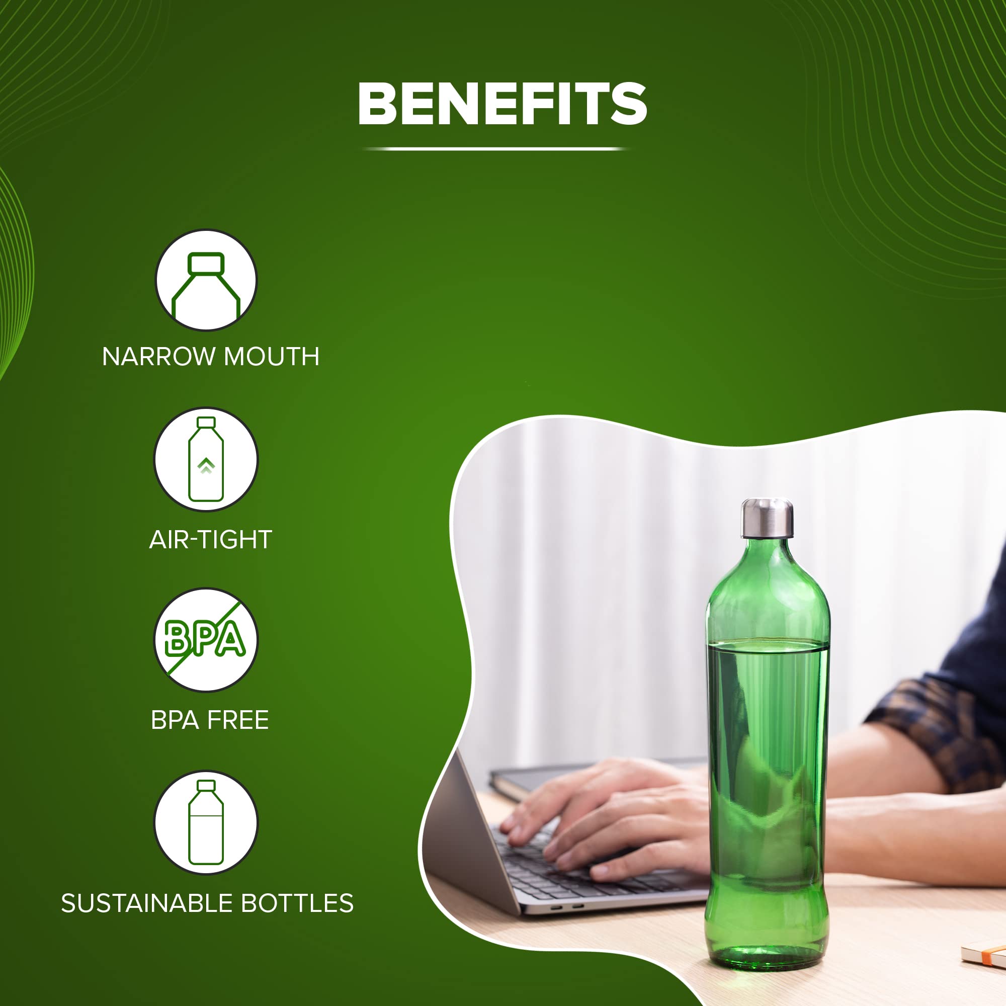750ml Green Glass Water Bottle with Leak-Proof Stainless Steel Lid - Reusable Travel Drink Bottle for Water, Smoothies, Juice | Eco-Friendly, BPA-Free | Perfect for Gym, Hiking, Office & Daily Hydration