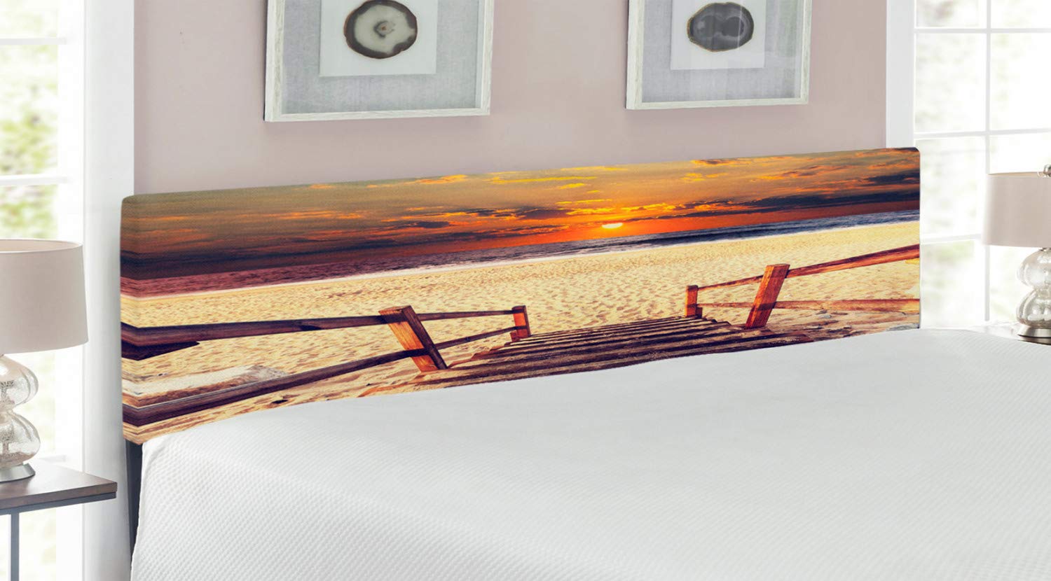 Ambesonne King Size Upholstered Beach Headboard - Stairs to Beach with Dramatic Horizon Scenery & Magic Skyline Print - Decorative Metal Bed Headboard with Memory Foam in Orange Cream - Perfect for Coastal & Boho Bedroom Decor