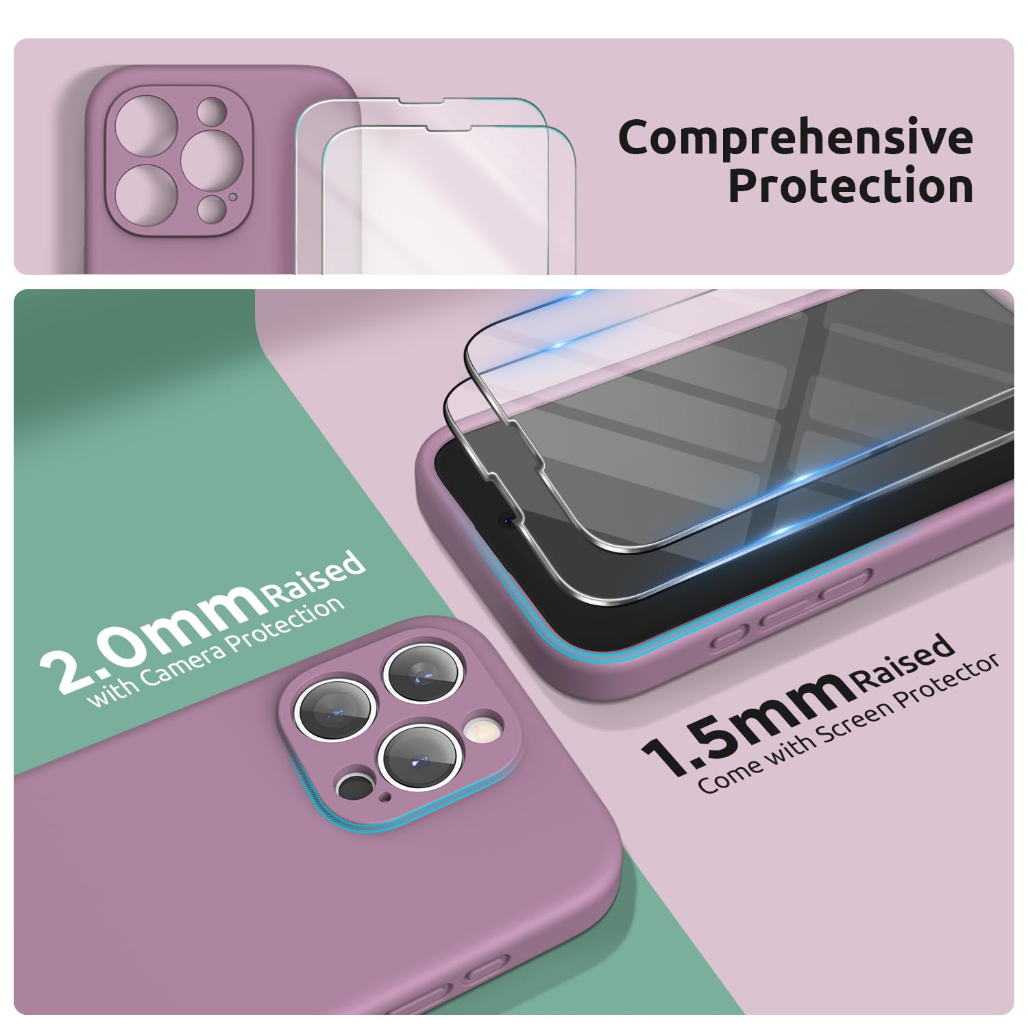 SURPHY iPhone 15 Pro Case 6.1 inch (2023) - Premium Liquid Silicone Protective Cover with Built-in Screen Protector, Camera Protection & Soft Microfiber Lining - Includes Lanyard & Phone Strap (Lilac Purple) - Perfect for Everyday Use, Travel & Outdoor Activities