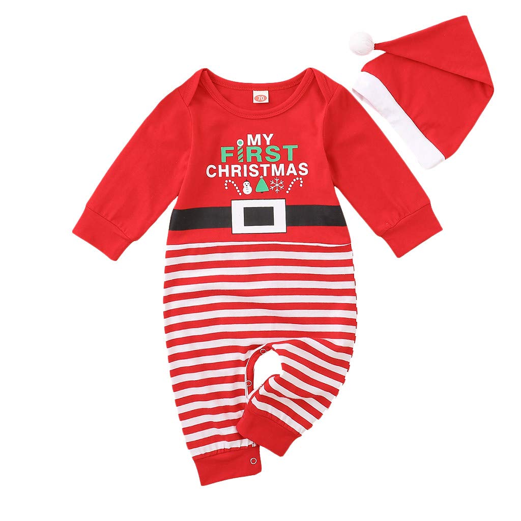 Finess Newborn Baby Christmas Jumpsuit - 3-18M Unisex Letter Print Long Sleeve Romper with Hat - Holiday Outfit for Boys & Girls - Perfect for Christmas Photos, Family Gatherings & Festive Celebrations