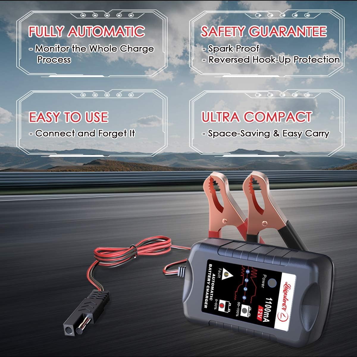 12V Smart Battery Trickle Charger & Maintainer - Portable Float Charger for Car, Motorcycle, Lawn Mower - Works with SLA, AGM, Gel Cell & Wet Lead Acid Batteries - Perfect for Winter Storage & Seasonal Vehicle Maintenance