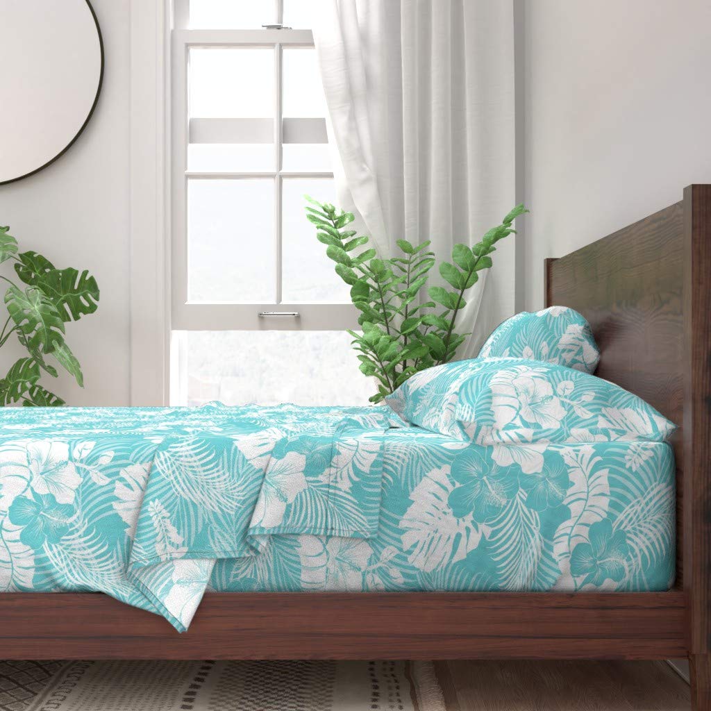 100% Cotton Twin Sheet Set 3pc - Aqua Blue Tropical Floral Hibiscus Palm Banana Leaves Tiki Print Custom Bedding | Soft Breathable Sheets for Bedroom, Guest Room & Vacation Home