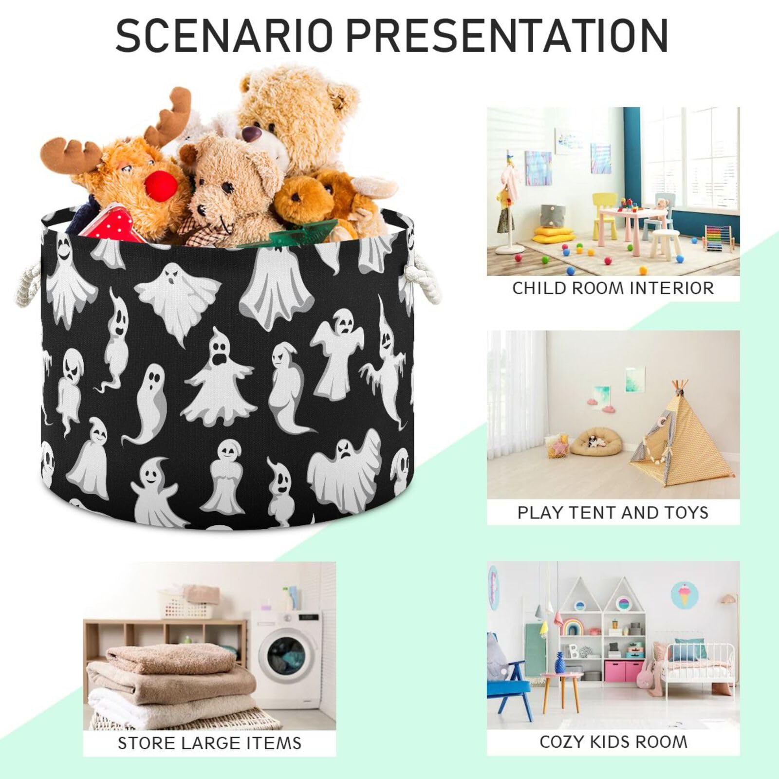 Halloween Ghost Pattern Collapsible Storage Basket - Large Round Toy Organizer, Laundry Hamper & Home Decor Bin for Clothes, Toys & More | Perfect for Kids' Room, Nursery & Seasonal Decor
