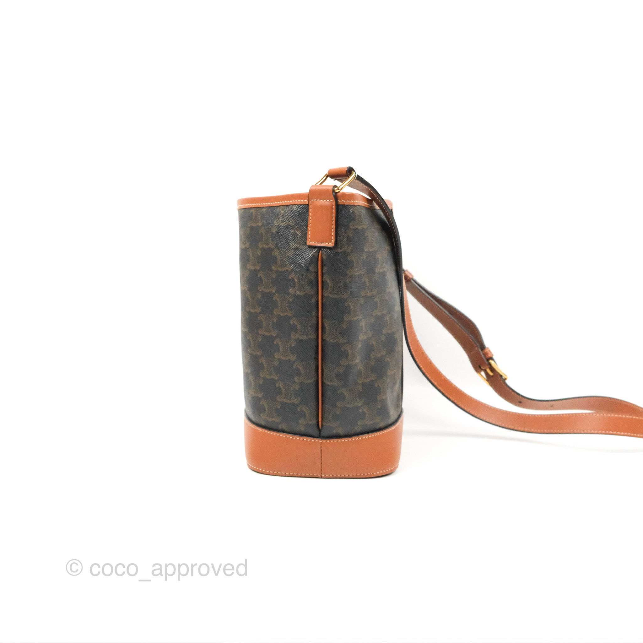 Celine Small Bucket Bag in Triomphe Canvas & Tan Calfskin Leather - Perfect for Everyday Use, Work & Travel