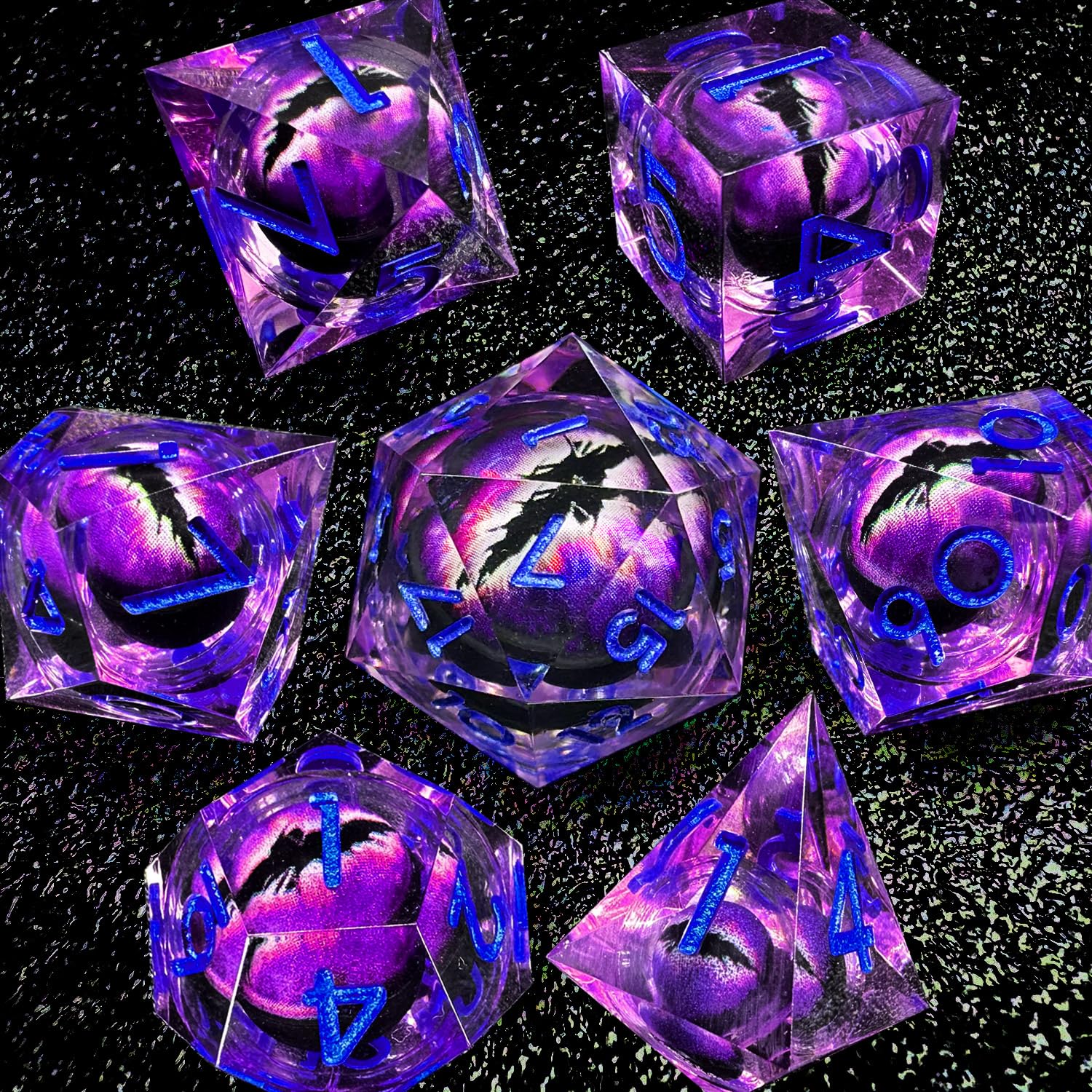 HAOMEJA 7-Piece Resin Dragon Eye DND Dice Set - Sharp Edge Polyhedral RPG Dice for Dungeons & Dragons (D20, D12, D10, D100, D8, D6, D4) with Storage Bag - Perfect for Tabletop Gaming, D&D Campaigns & Fantasy Roleplaying (Purple & Eye Purple)