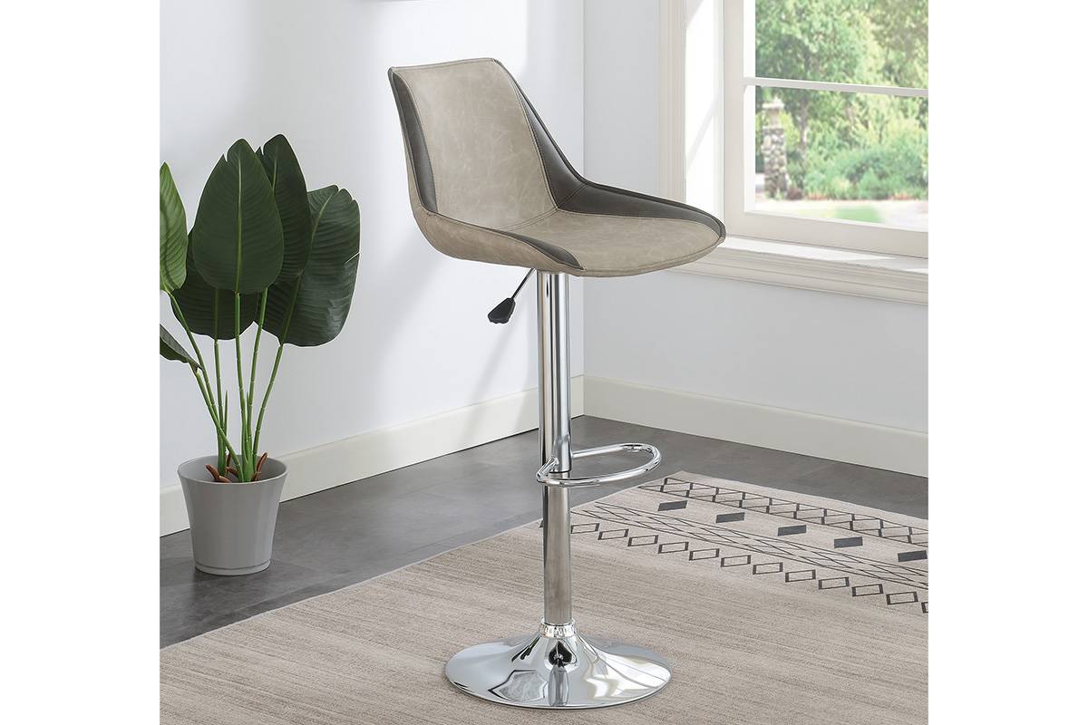 Modern Adjustable Bar Stool Set of 2 - Light Grey Waxed PU Leather with Chrome Base - Counter Height Kitchen & Dining Chairs for Breakfast Bar, Island, or Pub Table