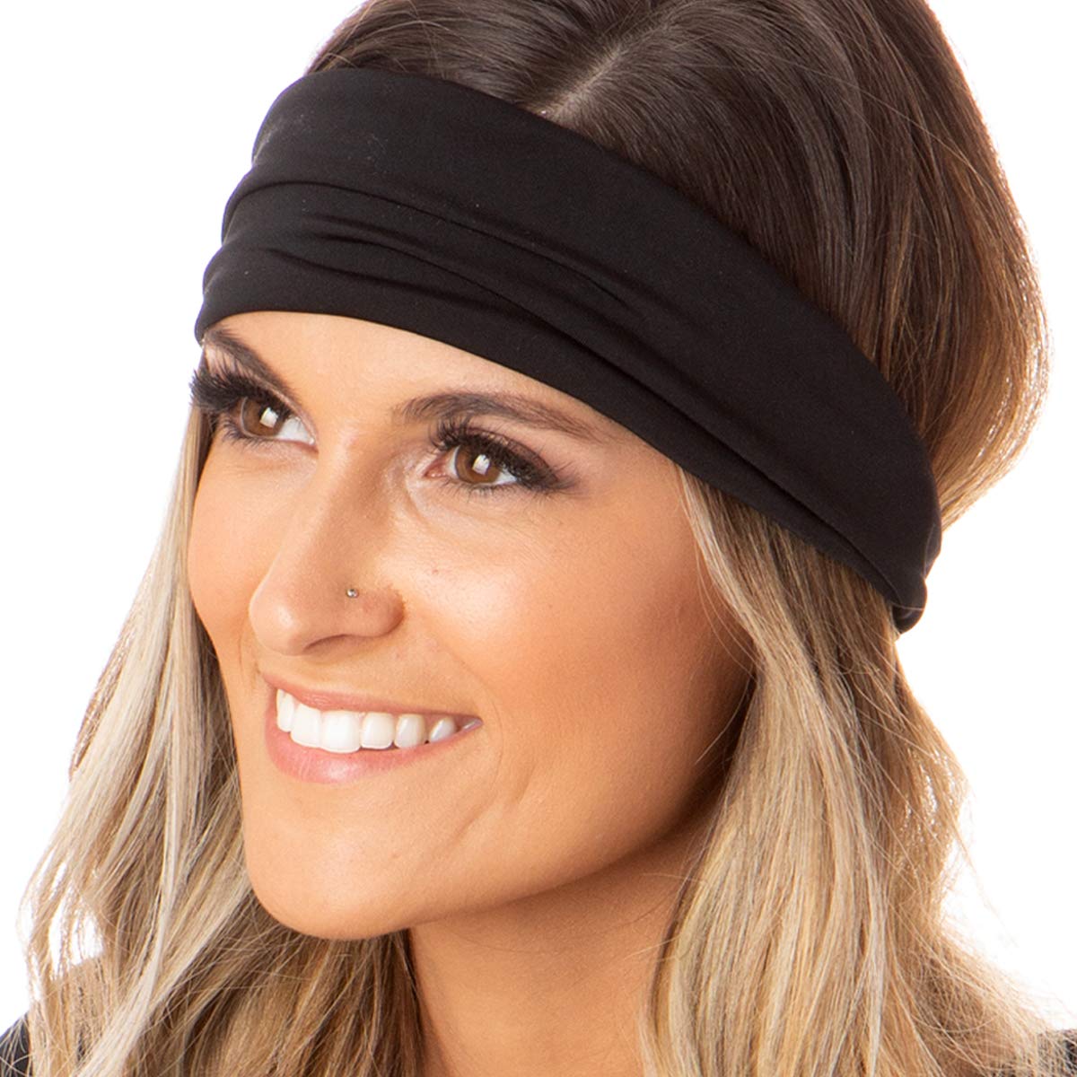 Hipsy Adjustable Wide Sports Headbands for Women & Girls - 4 Pack (Black, Bandana, Charcoal, Plum) - Soft Xflex Hair Bands for Running, Yoga, Workouts & Everyday Wear