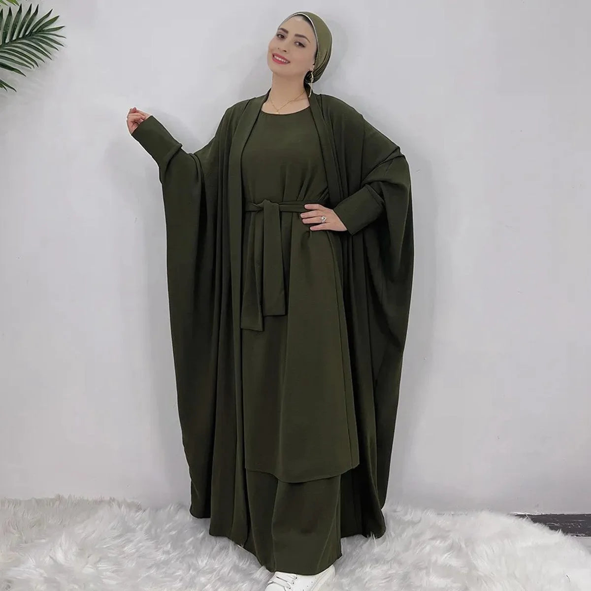 2-Piece Muslim Women's Open Abaya Dress Set - Heavy Wrinkle Outer Abaya with Sleeveless Inner Dress | Modest Islamic Fashion for Prayer, Eid & Special Occasions