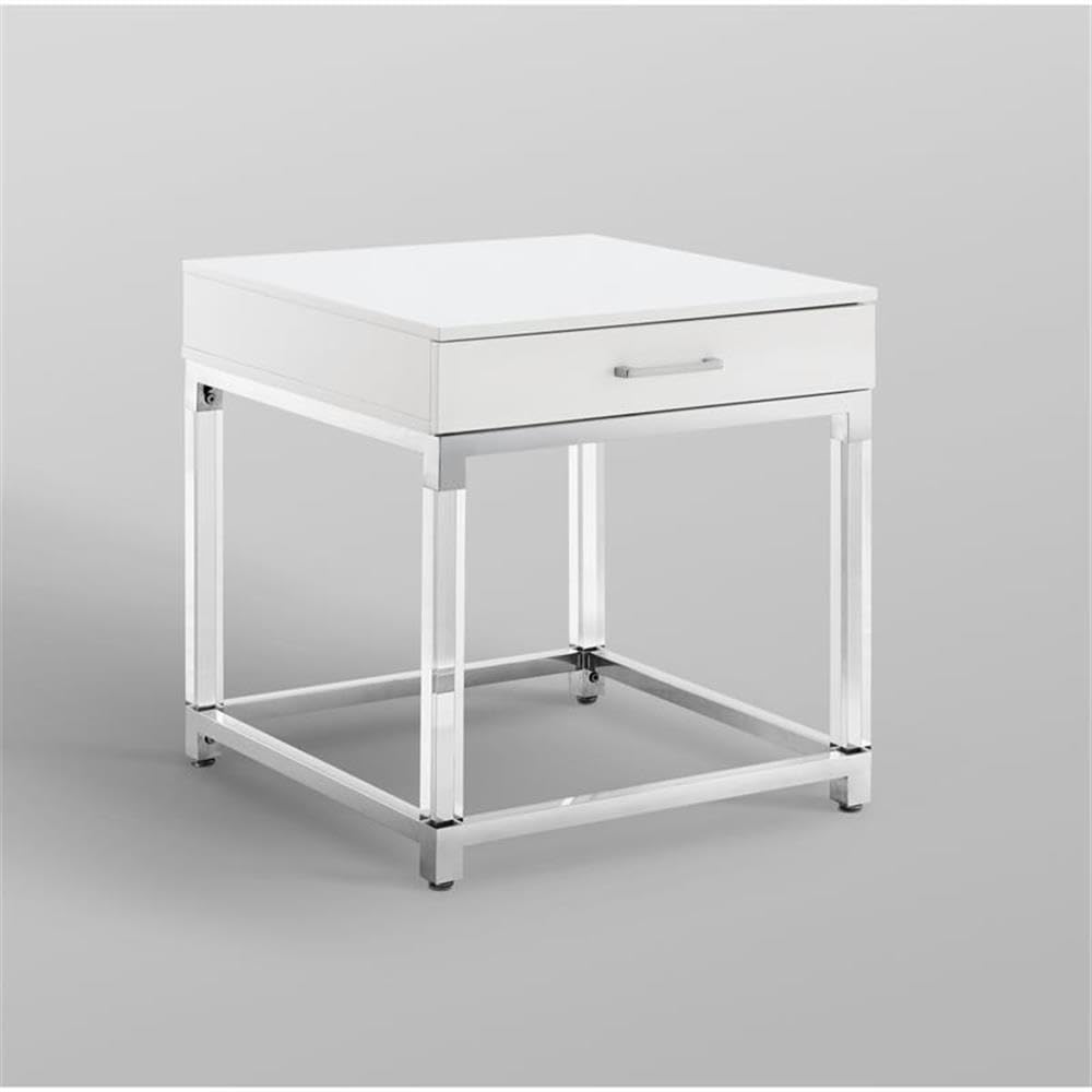 Briar 1-Drawer Metal Nightstand with Acrylic Legs - White Chrome Finish Bedside Table for Living Room, Bedroom & Office Use