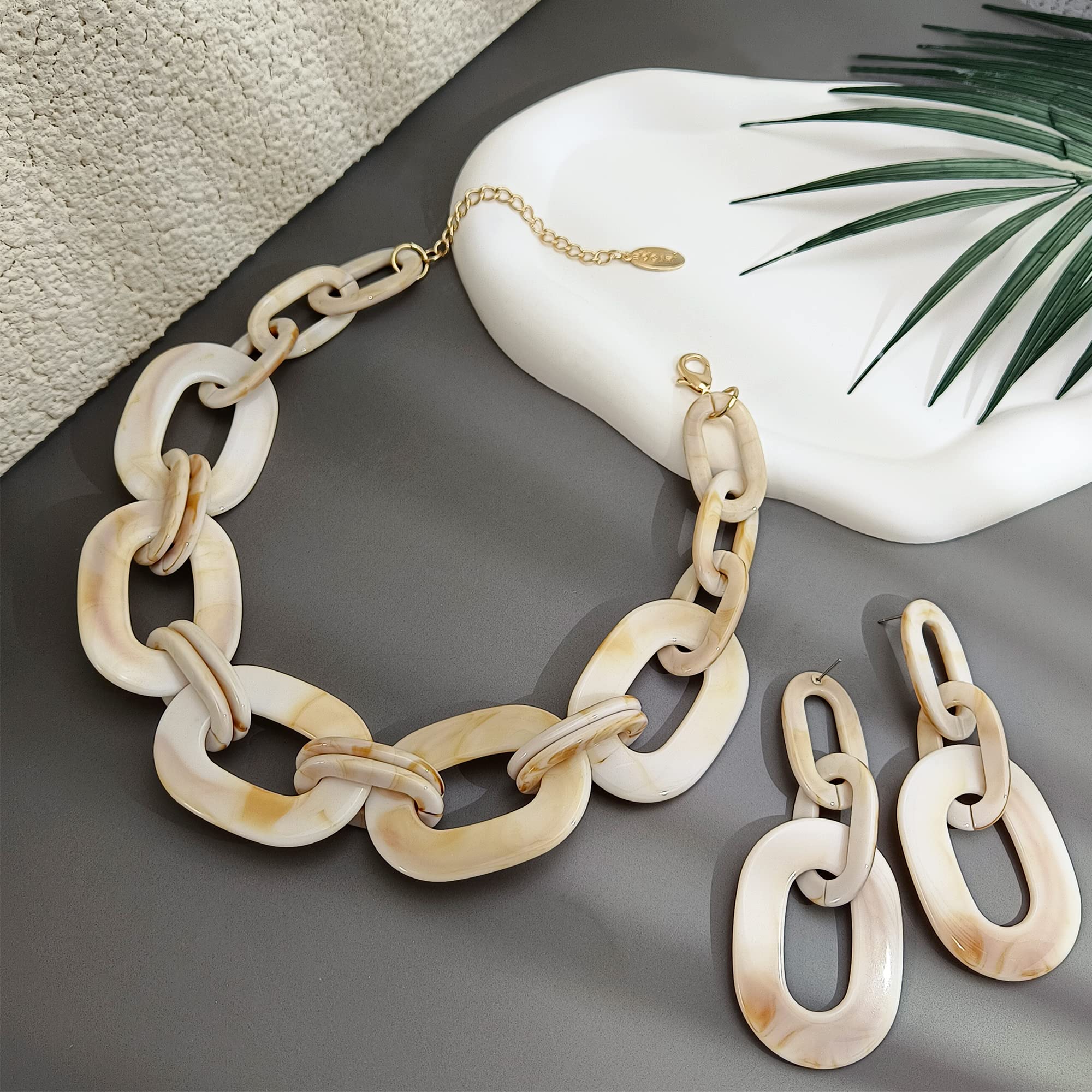 Bold Acrylic Chunky Statement Necklace for Women - Cube Link Chain Collar with Matching Hoop Earrings Set | Trendy Costume Jewelry for Parties, Weddings & Special Occasions