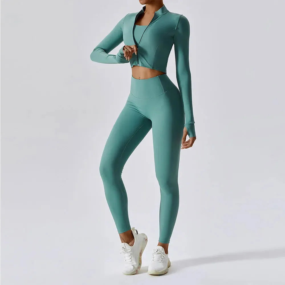 3 Piece Women's Yoga Set - Workout Tracksuit with Sport Bra, High Waist Shorts & Yoga Leggings | Long Sleeve Gym Clothing for Fitness, Pilates & Home Workouts