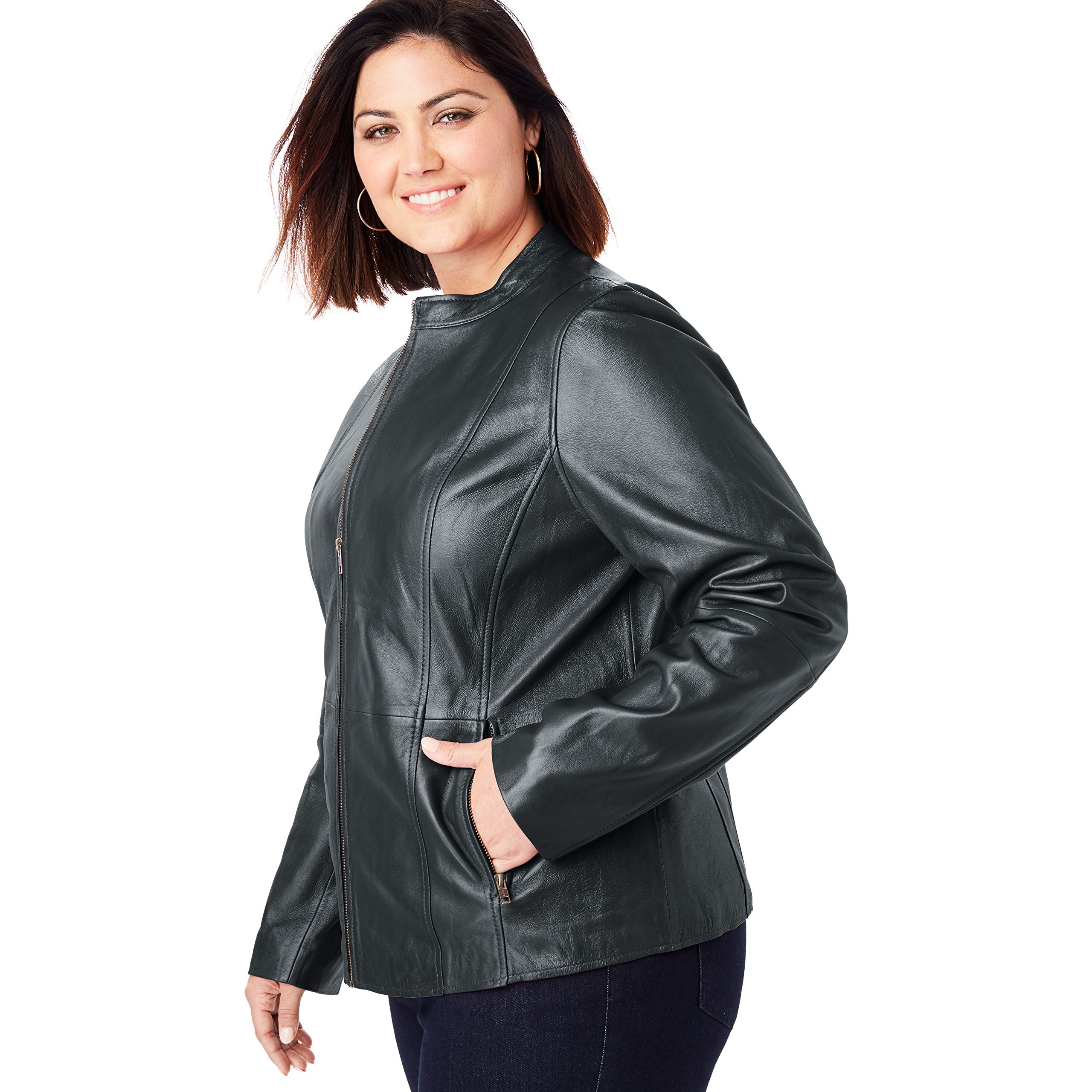 Jessica London Women's Plus Size Zip Front Leather Jacket - Stylish Faux Leather Moto Jacket for Curvy Women | Perfect for Casual Outings, Date Nights & Fall Layering