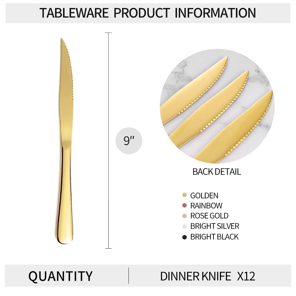 12-Piece Gold Steak Knives Set - Premium Stainless Steel Serrated Steak & Butter Knives - Dishwasher Safe - Perfect for Dinner Parties, BBQ, and Fine Dining Experience
