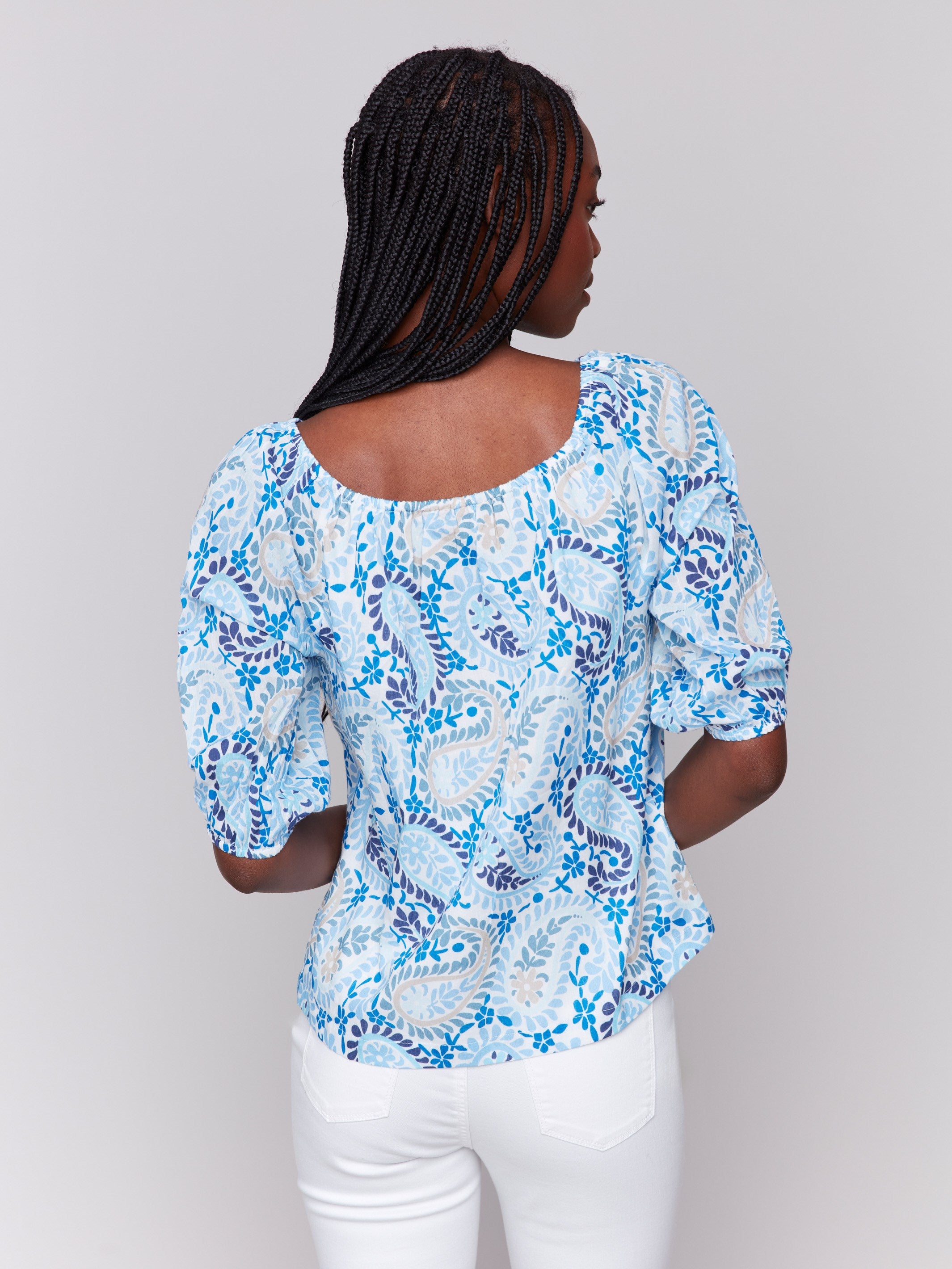 Printed Off The Shoulder Cotton Blouse for Women - Blue Floral Summer Top | Perfect for Beach Vacations, Date Nights & Casual Outings