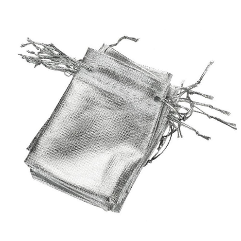100-Pack Heavy Duty Gold Foil Drawstring Organza Jewelry Bags - 5x7 inch (13x18cm) Gift Pouches for Wedding Favors, Party Gifts, Christmas Candy & Chocolate - Premium Silver Organza Bags for Jewelry Storage, Party Decorations and Special Occasions
