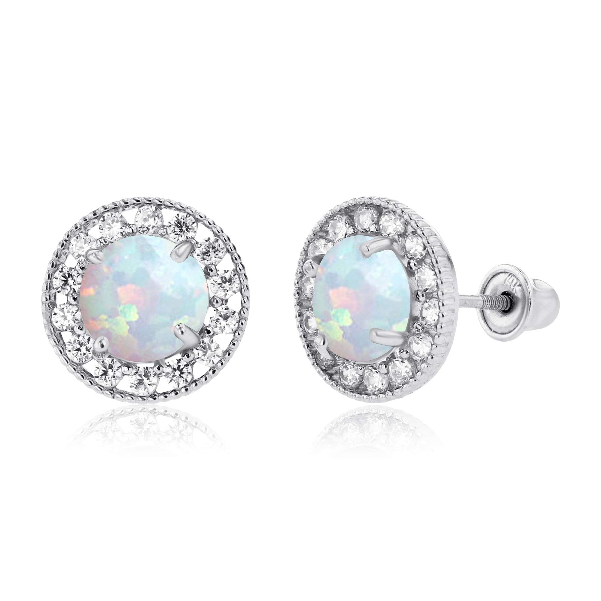 14K Solid Gold 9mm Halo Birthstone Screwback Stud Earrings for Women | 6mm Round Genuine Birthstone | 1.25mm White Sapphire Halo Earrings | Perfect for Birthdays, Anniversaries & Special Occasions