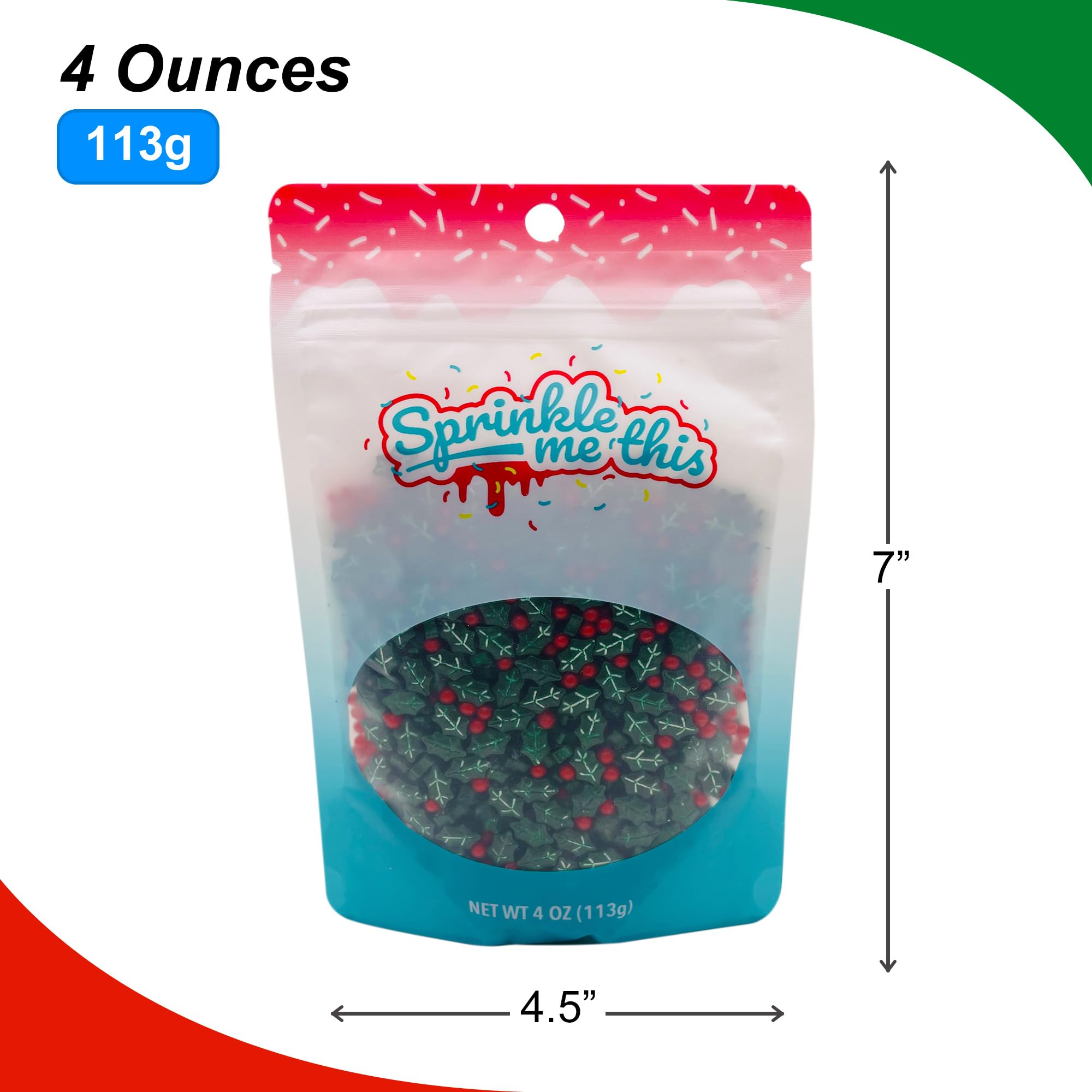 Christmas Sprinkles for Baking & Decorating - 4oz Bulk Holiday Sprinkles Variety Pack (Dextrose Holly Berry Blend) - Perfect for Cookies, Cakes, Cupcakes & Festive Desserts