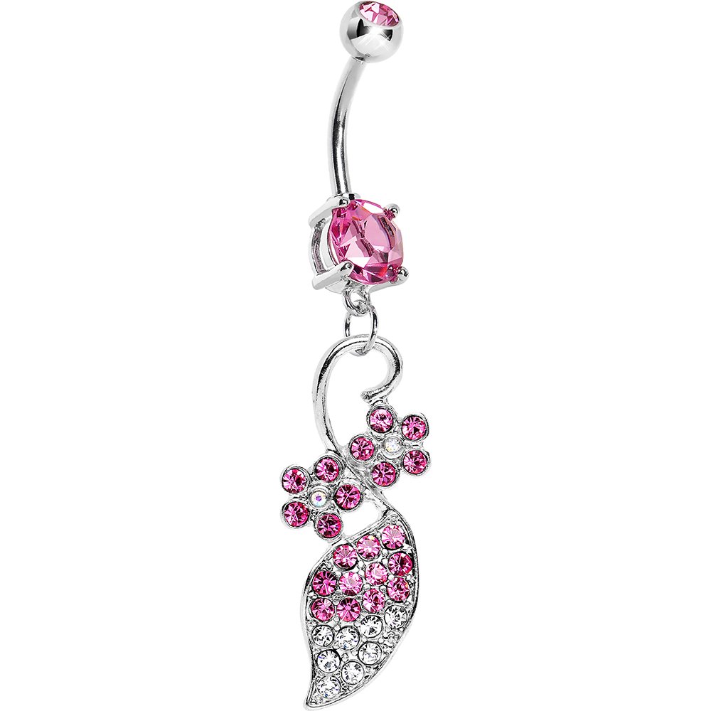 Body Candy Women's Pink & Clear Paved Floral Vine Belly Ring - Elegant Navel Piercing Jewelry for Summer Outfits & Beach Wear