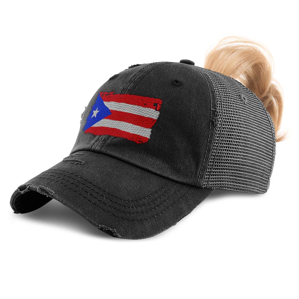 Custom Women's Ponytail Cap with Puerto Rico Flag Embroidery - Distressed Trucker Hat for Women - Perfect for Casual Wear, Sports, and Patriotic Events