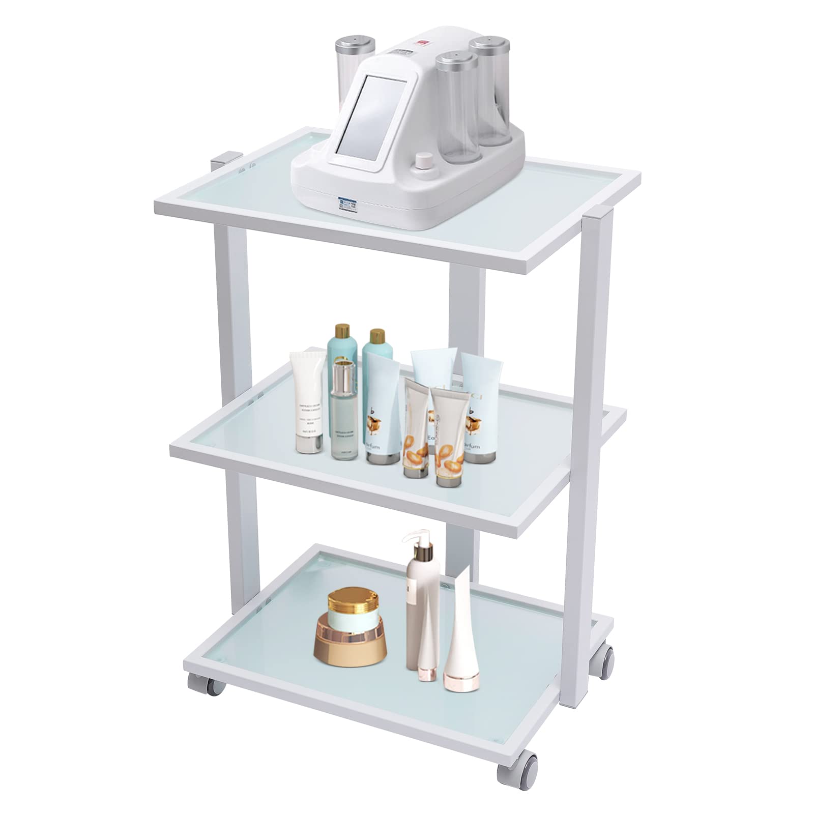 3 Tier Salon Trolley Cart with Glass Trays - Metal Frame Beauty Rolling Service Cart for Spa & Salon Equipment Storage - Mobile Utility Cart with 4 Casters - Perfect for Salon Treatments, Spa Services & Home Beauty Organization