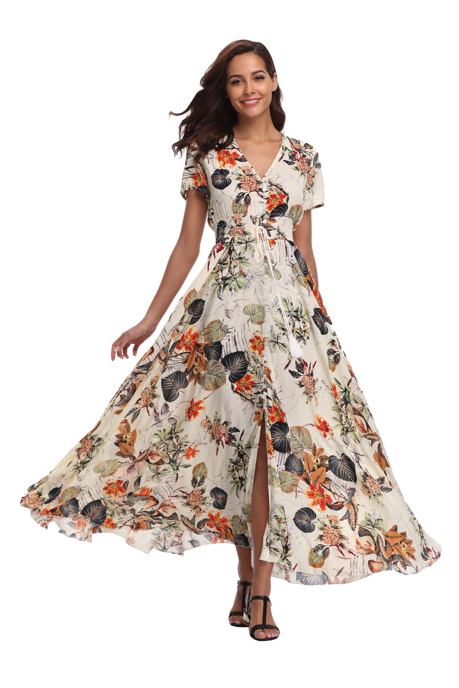 Ferrendo Women's Floral Maxi Dress with Button Up Front & Side Slit - Flowy Bohemian Summer Dress for Beach, Party & Vacation | Lightweight & Comfortable