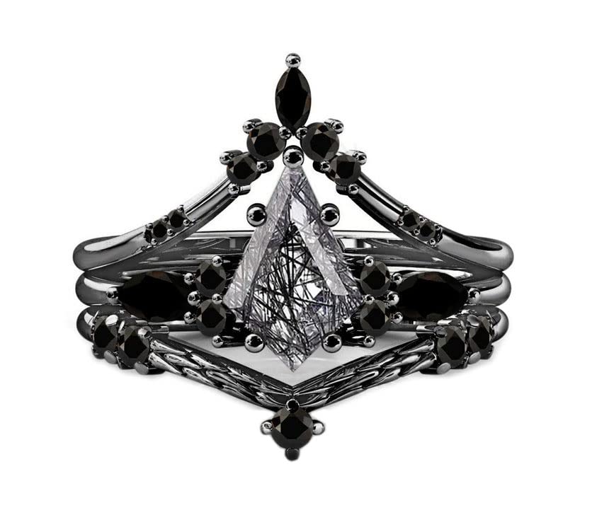 Black Rutile Quartz Engagement Ring for Women - 925 Sterling Silver Vintage Kite Ring with CZ Diamonds | Anniversary, Christmas & Wedding Gift for Her | Perfect for Proposals, Date Nights & Special Occasions