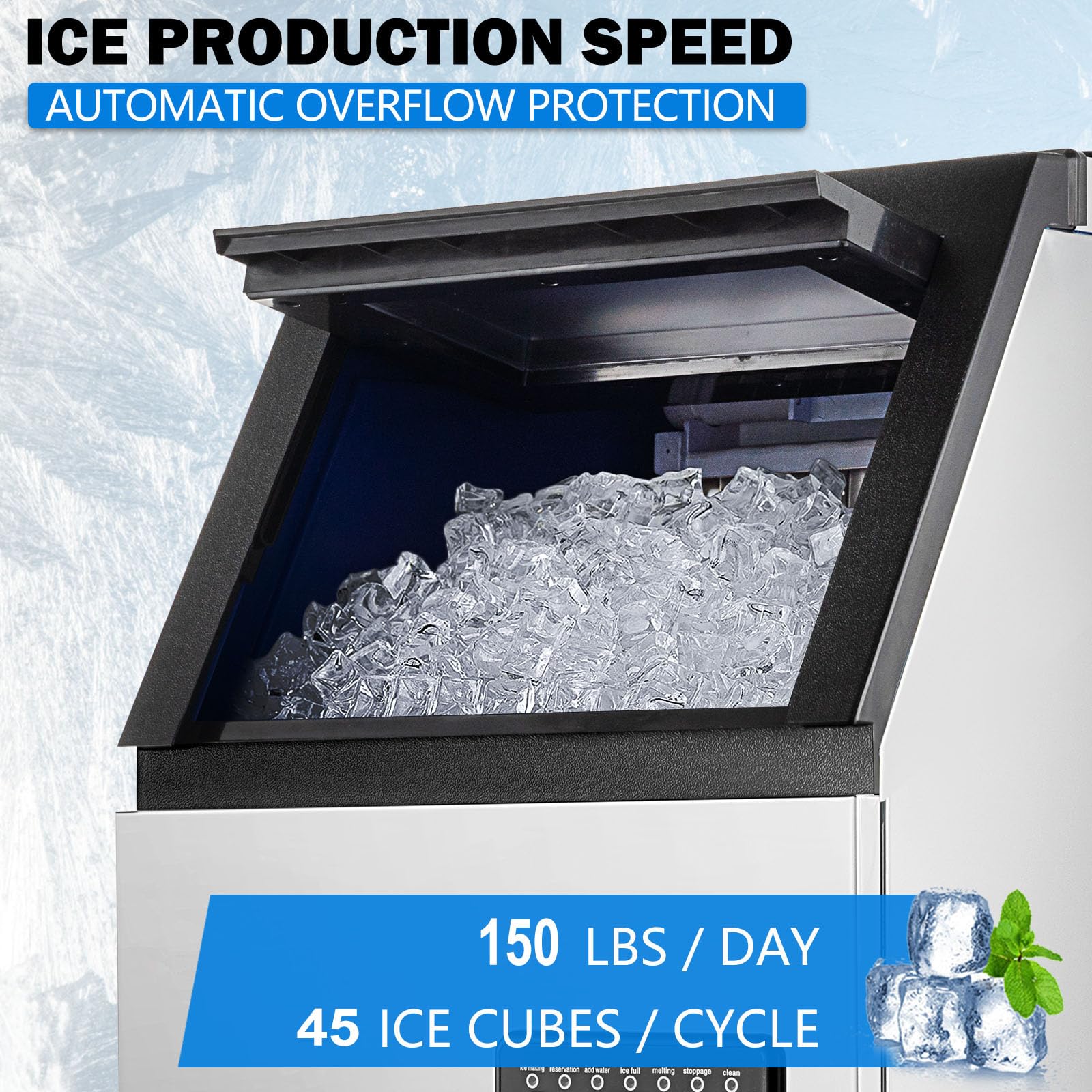SmaketBuy 150LBS/24H Commercial Ice Maker Machine - Stainless Steel Automatic Ice Maker with 24LBS Storage (45 Cubes) - Freestanding Ice Cube Machine for Coffee Shops, Restaurants, Bars & Commercial Use - Perfect for Beverage Service, Food Display & Hospitality Businesses