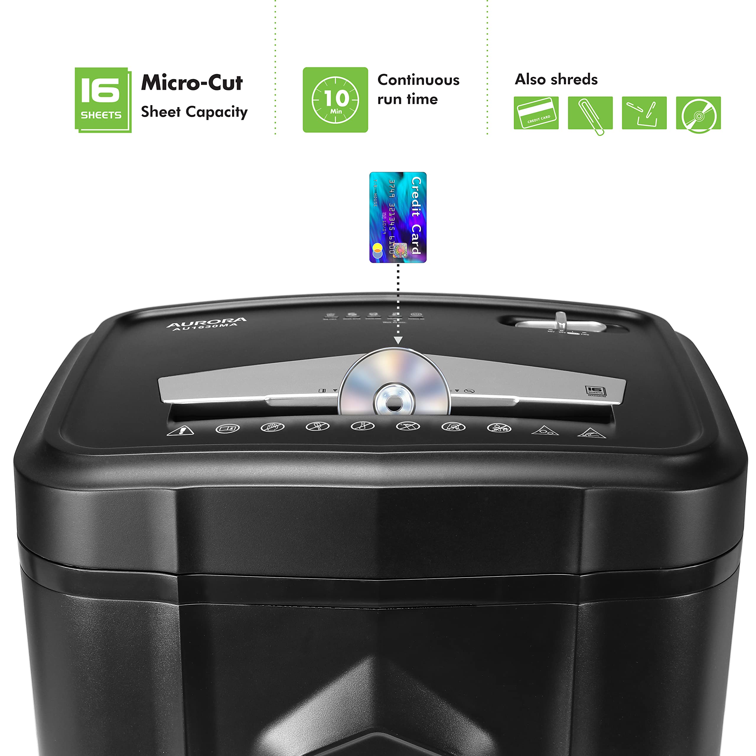 Aurora AU1630MA 16-Sheet Micro-Cut Paper Shredder with CD/Credit Card Slot - Anti-Jam Technology, 10-Min Continuous Runtime - Ideal for Home Office & Small Business Document Security