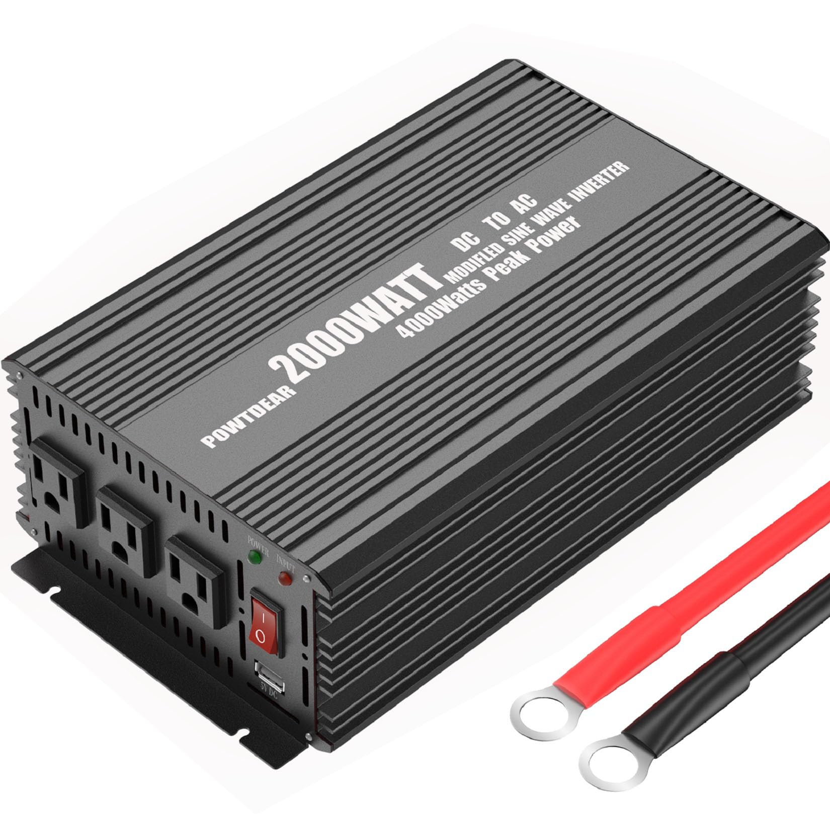 POWTDEAR 2000W Power Inverter 12V DC to 110V AC Converter with 3 AC Outlets & Dual USB Ports (5V/2.1A) - Perfect for Camping, RV Travel, and Emergency Power Backup