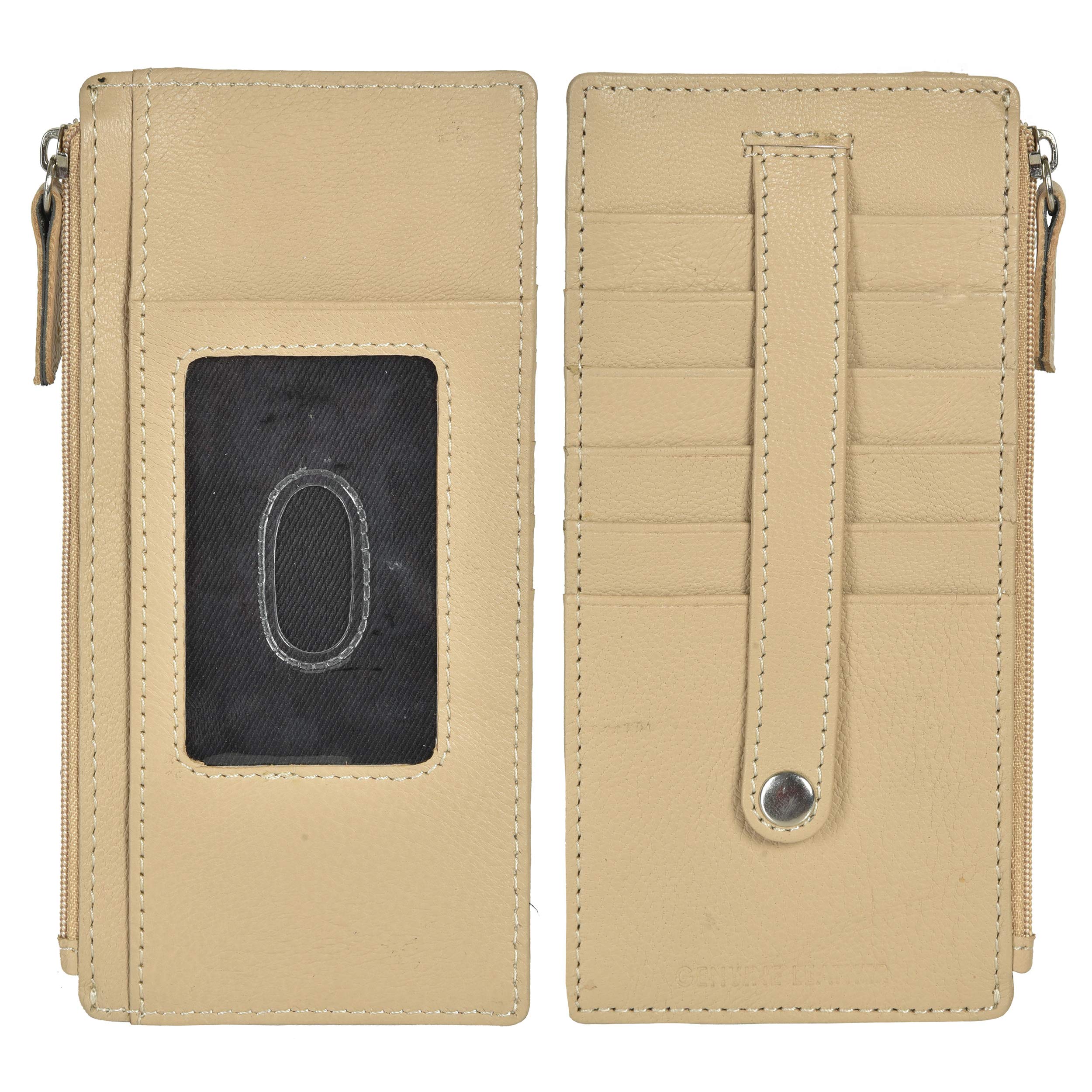 Genuine Leather Women's Slim Wallet - Card Holder with Zipper for Business & Travel (Beige)