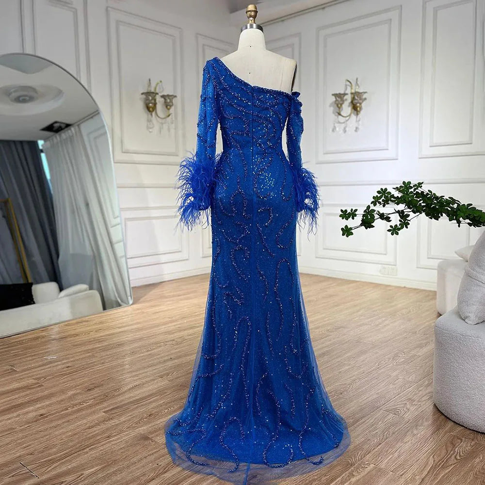 Elegant Blue Mermaid One-Shoulder Beaded Feather Evening Gown for Women | Luxury Wedding Party Dress 2025 | Perfect for Formal Events, Prom, Red Carpet & Special Occasions