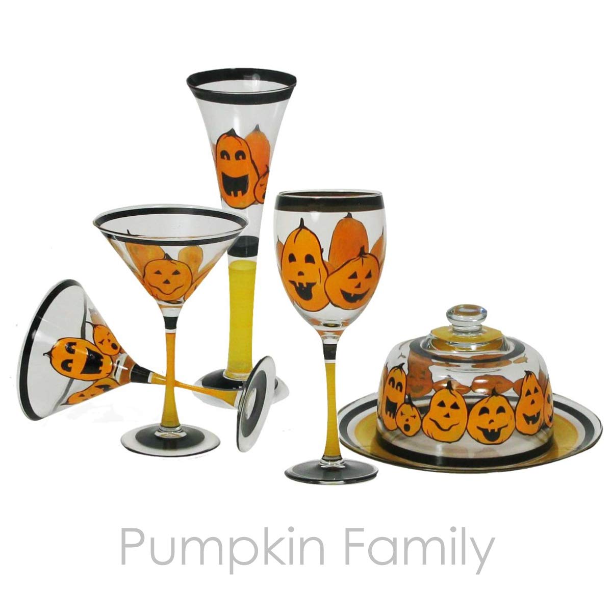 Hand Painted Pumpkin Family Cake Stand with Glass Cover - Unique Decorative Cake Dome for Dessert Display - American Artist Crafted Glassware for Kitchen Table Decor & Party Serving
