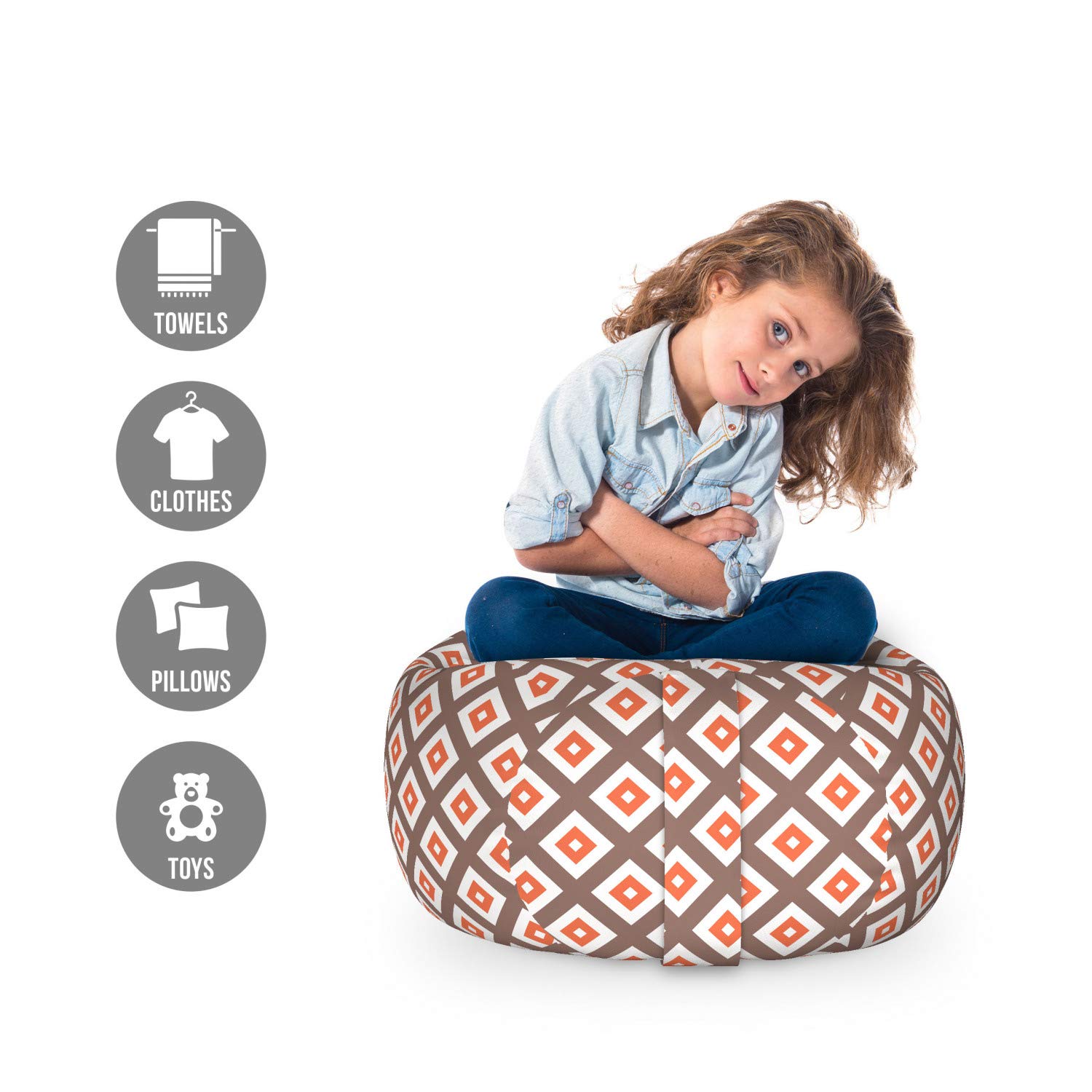 Ambesonne Chocolate Brown Storage Toy Bag Chair - Geometric Pattern with Diagonal Nested Squares Design - Washable Stuffed Animal Organizer for Kids Room - Small Size (Chocolate Burnt Sienna) - Perfect for Nursery, Playroom & Bedroom Organization