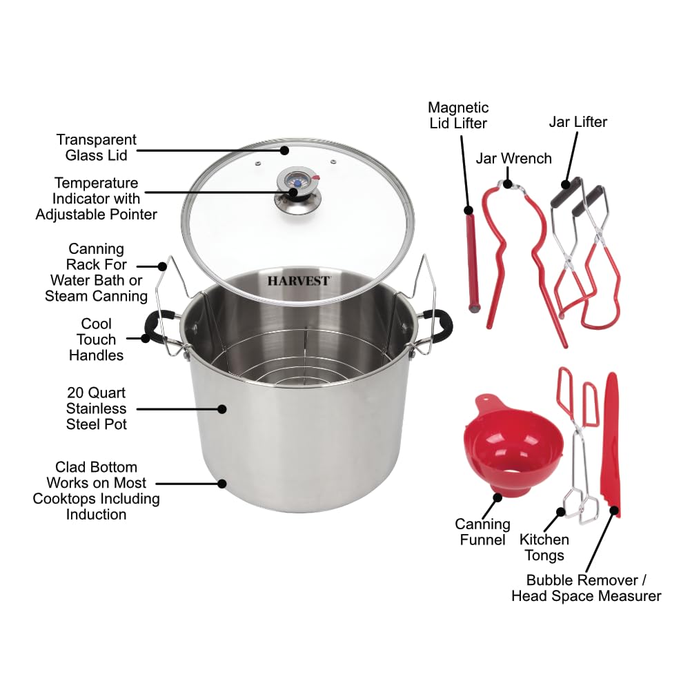 Premium 20 Qt Stainless Steel Canning Pot with Rack - Water Bath & Steam Canning - Compatible with Induction, Glass, Gas Stovetops - Includes Essential Canning Tools - Perfect for Home Preserving, Pickling, and Making Jams, Jellies, and Sauces