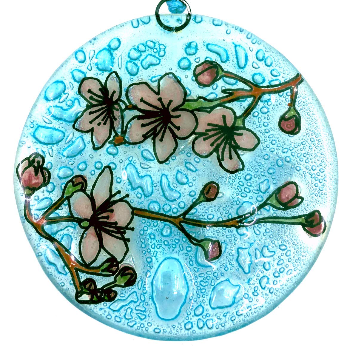 Handmade Cherry Blossom Christmas Tree Ornament - Elegant Art Glass Light Catcher for Holiday Decor, Window Hanging & Gift Giving