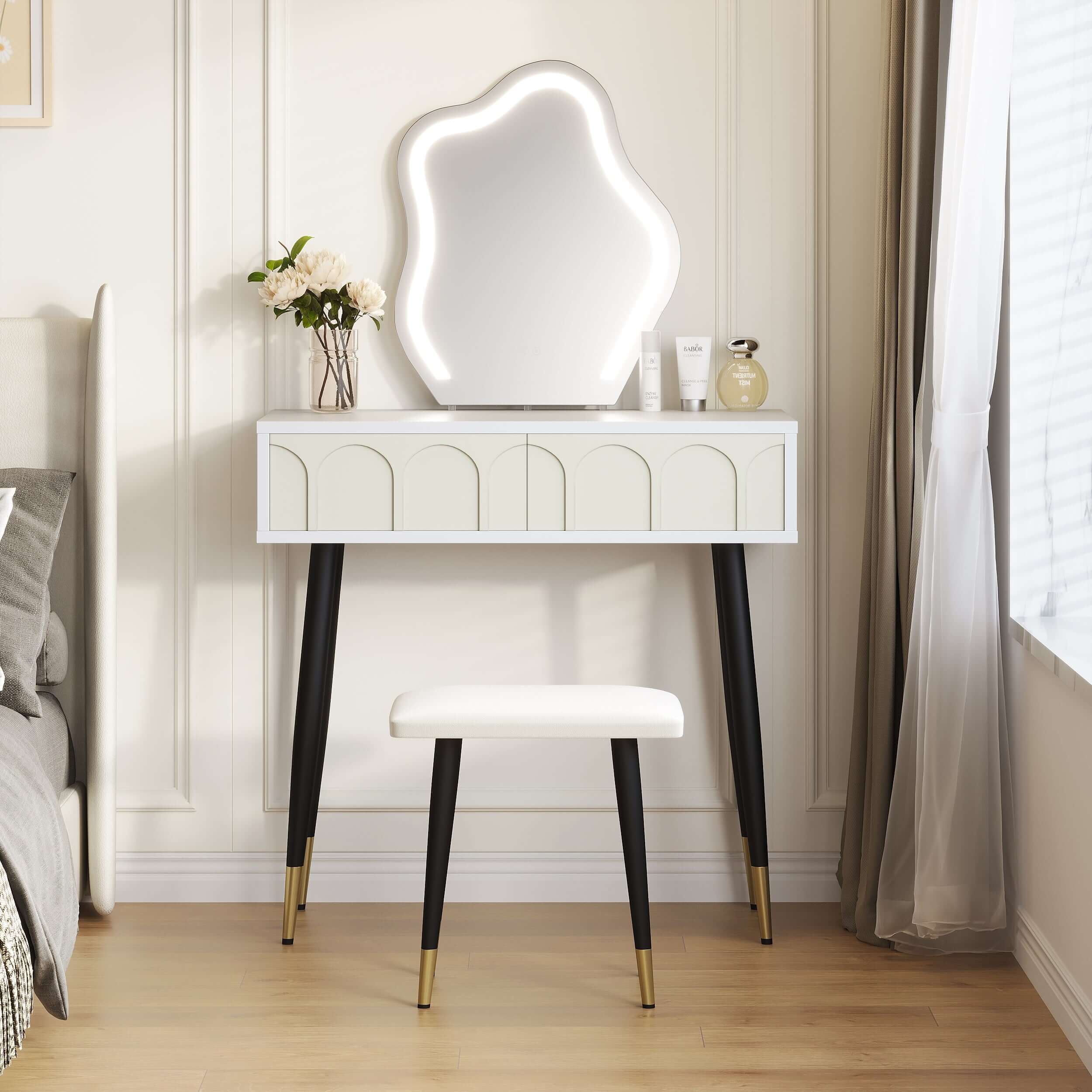 White & Black 31.5 Inch Two-Drawer Dresser with Mirror and Matching Chair - Perfect for Bedroom, Dorm Room or Guest Room Organization