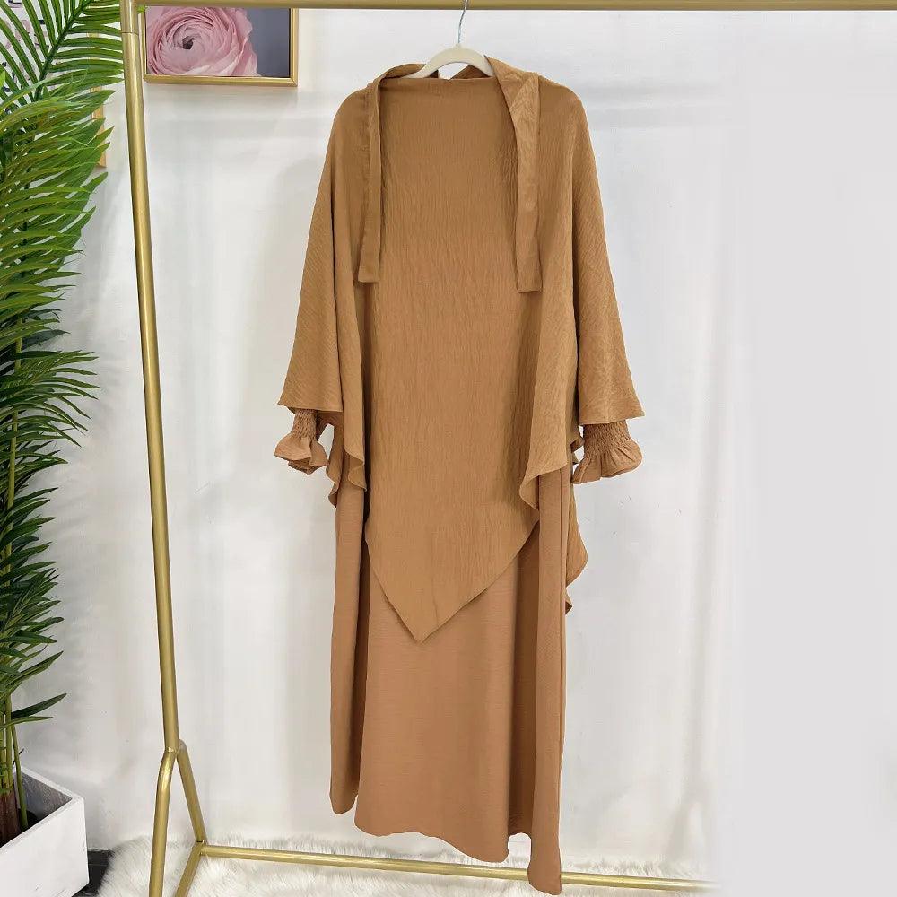 2-Piece Abaya Khimar Set - Long Triangle Hijab & Smocked Cuff Dress for Women | Islamic Modest Wear for Prayer, Mosque & Special Occasions