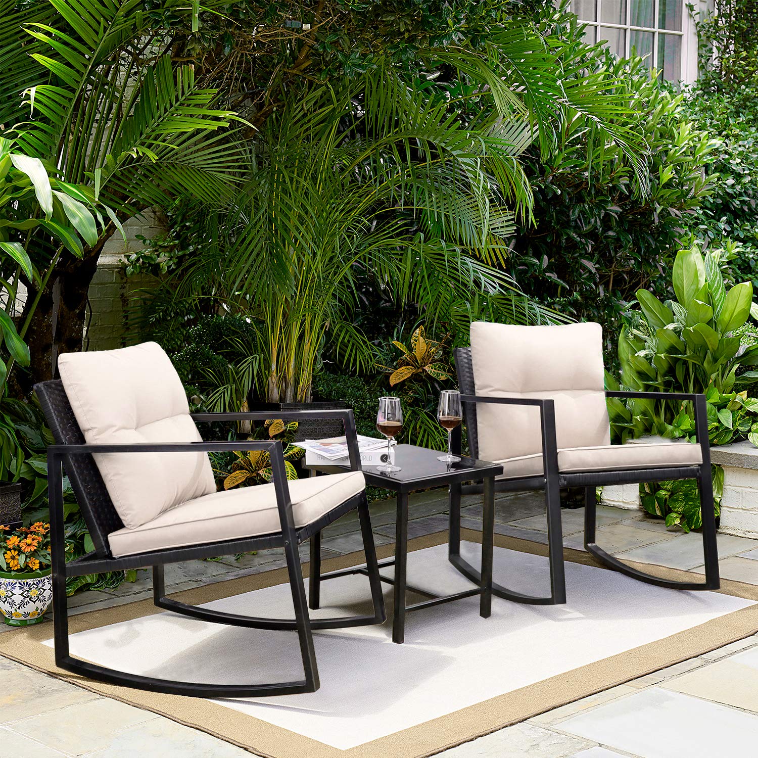Greesum 3-Piece Wicker Patio Furniture Set - Outdoor Rocking Bistro Chairs with Glass Coffee Table, Beige - Perfect for Porch, Garden, and Backyard Relaxation