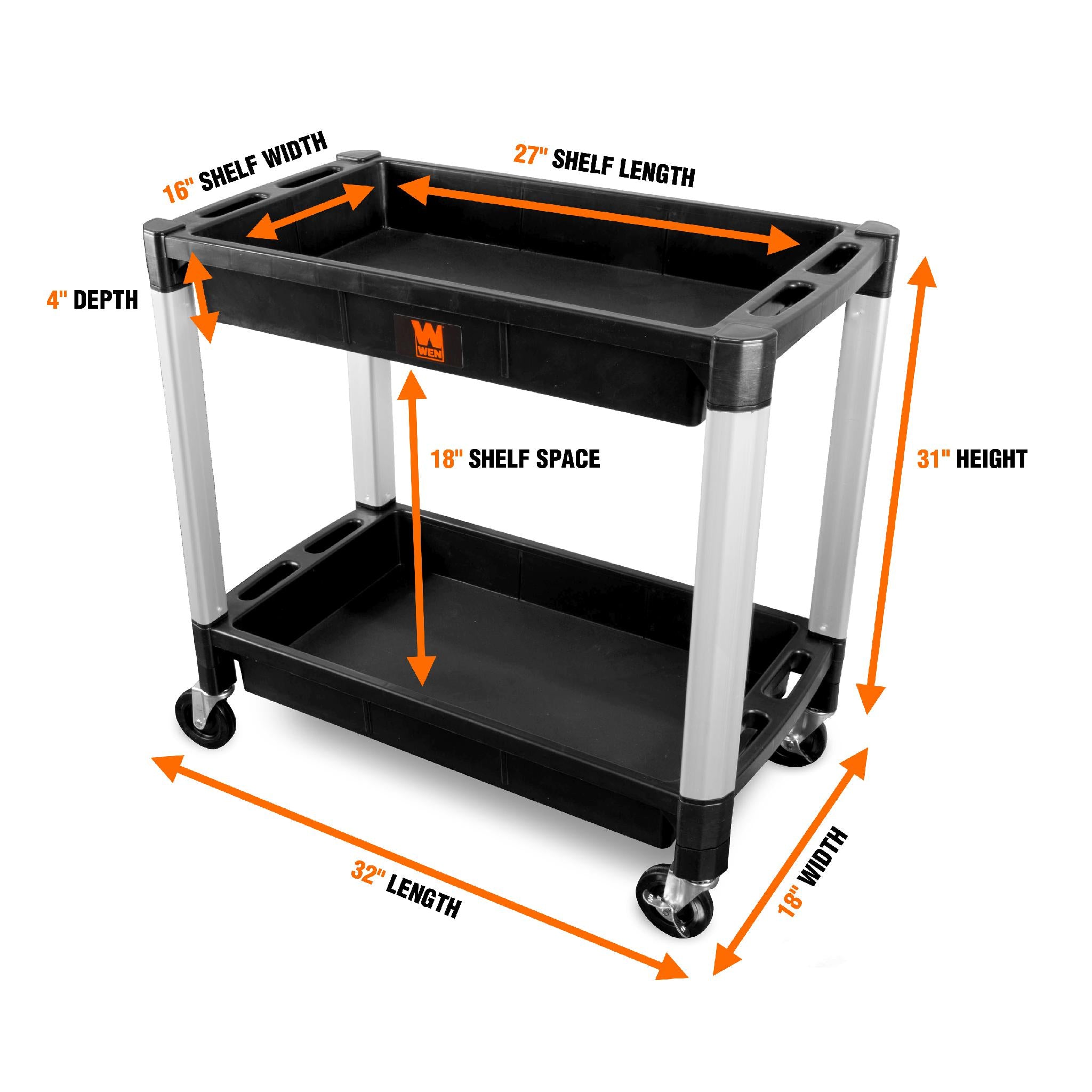 WEN 73162 Heavy Duty 300 LB Capacity 2-Tier Utility Cart with Wheels - Perfect for Kitchen, Office, and Warehouse Use