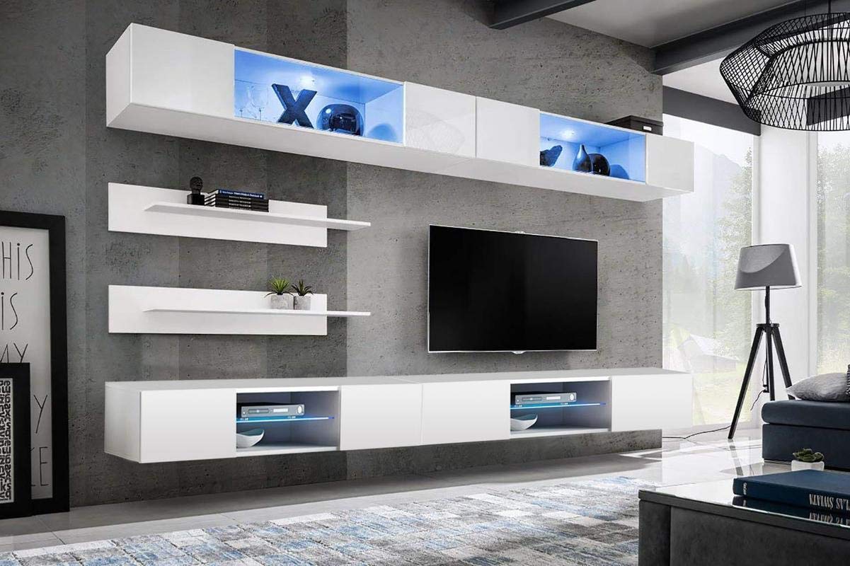 Modern White Wall-Mounted TV Stand with Storage Shelves & LED Lights - I3 33TV Entertainment Center Console for Bedroom & Living Room - Space-Saving Furniture for Small Apartments & Home Theaters