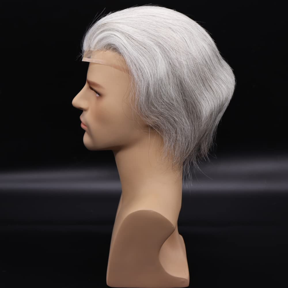 Premium European Human Hair Toupee for Men - Swiss Lace Front 0.08mm Thin Skin PU Base - 10x8 Inch 1B Mixed 90% Grey White Hair - Natural Looking Hair Replacement for Thinning Hair & Baldness - Perfect for Daily Wear, Special Occasions & Professional Settings