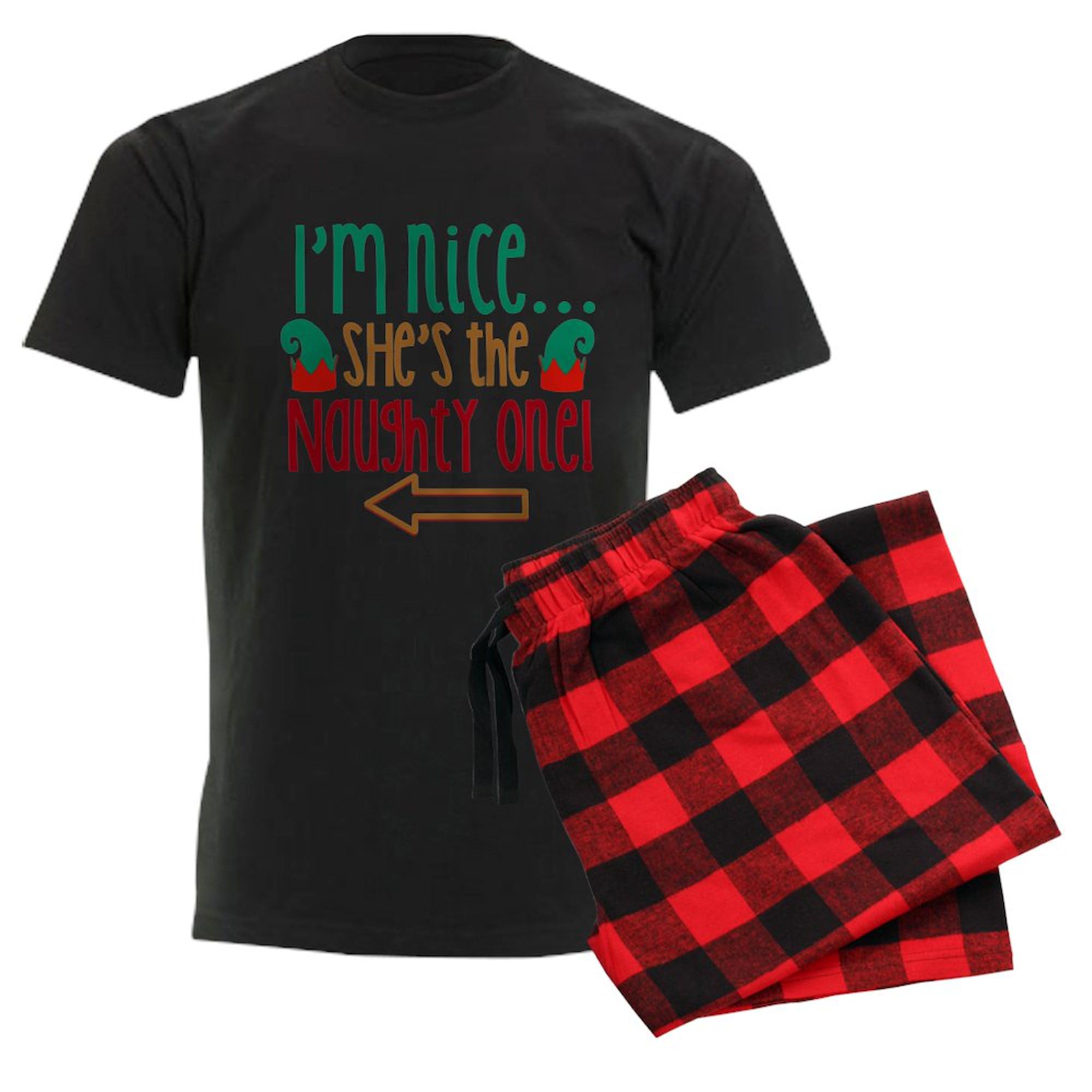 Funny Couples Pajama Set - 'I'm Nice She's Naughty' Elf Hat Christmas Sleepwear for Men | Cozy Matching PJs for Holiday Parties & Festive Sleepovers