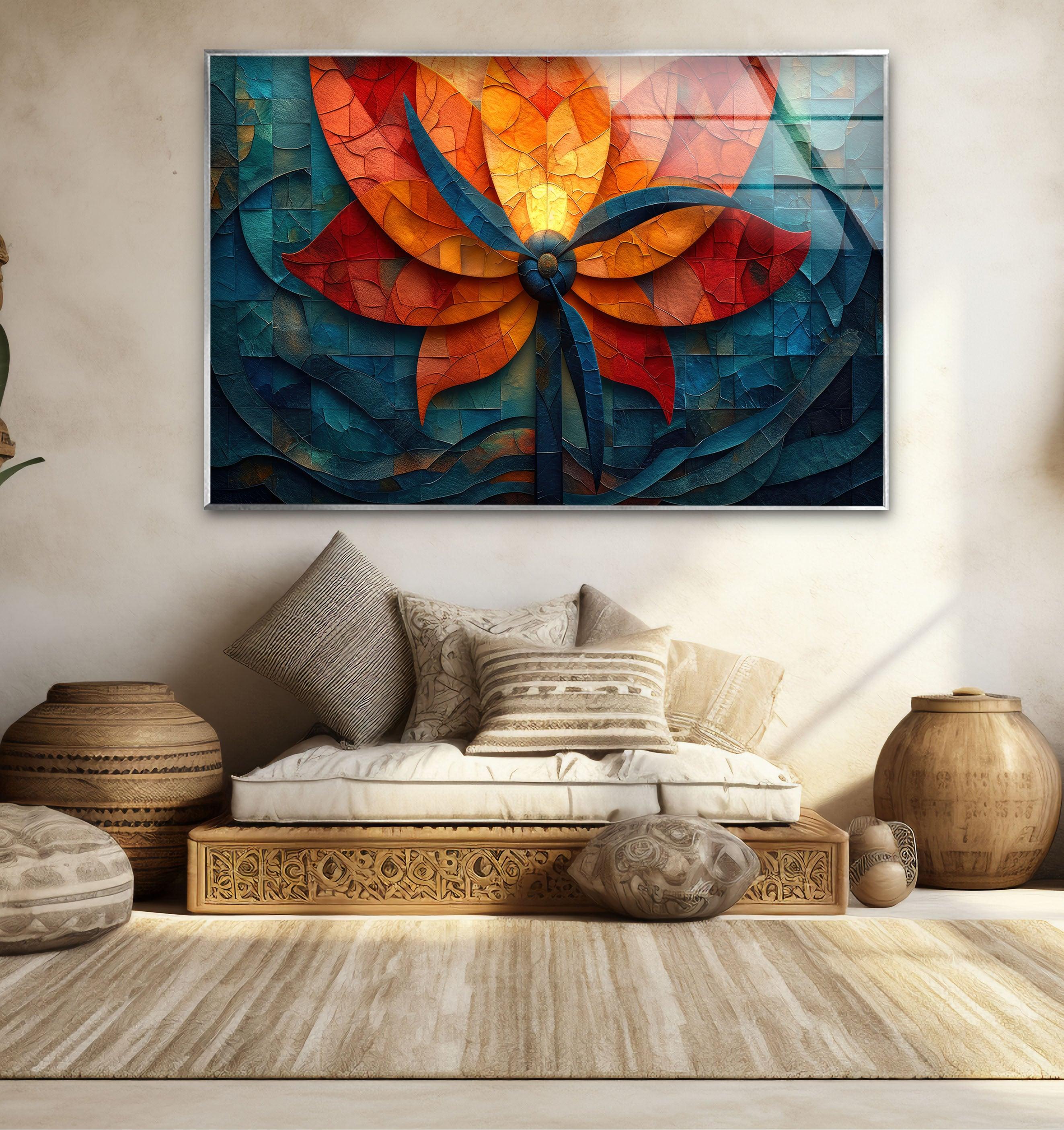 Vibrant Mosaic Flower Glass Wall Art - Handmade Stained Glass Decor for Living Room, Bedroom, or Garden - Perfect Gift for Home & Office Decor